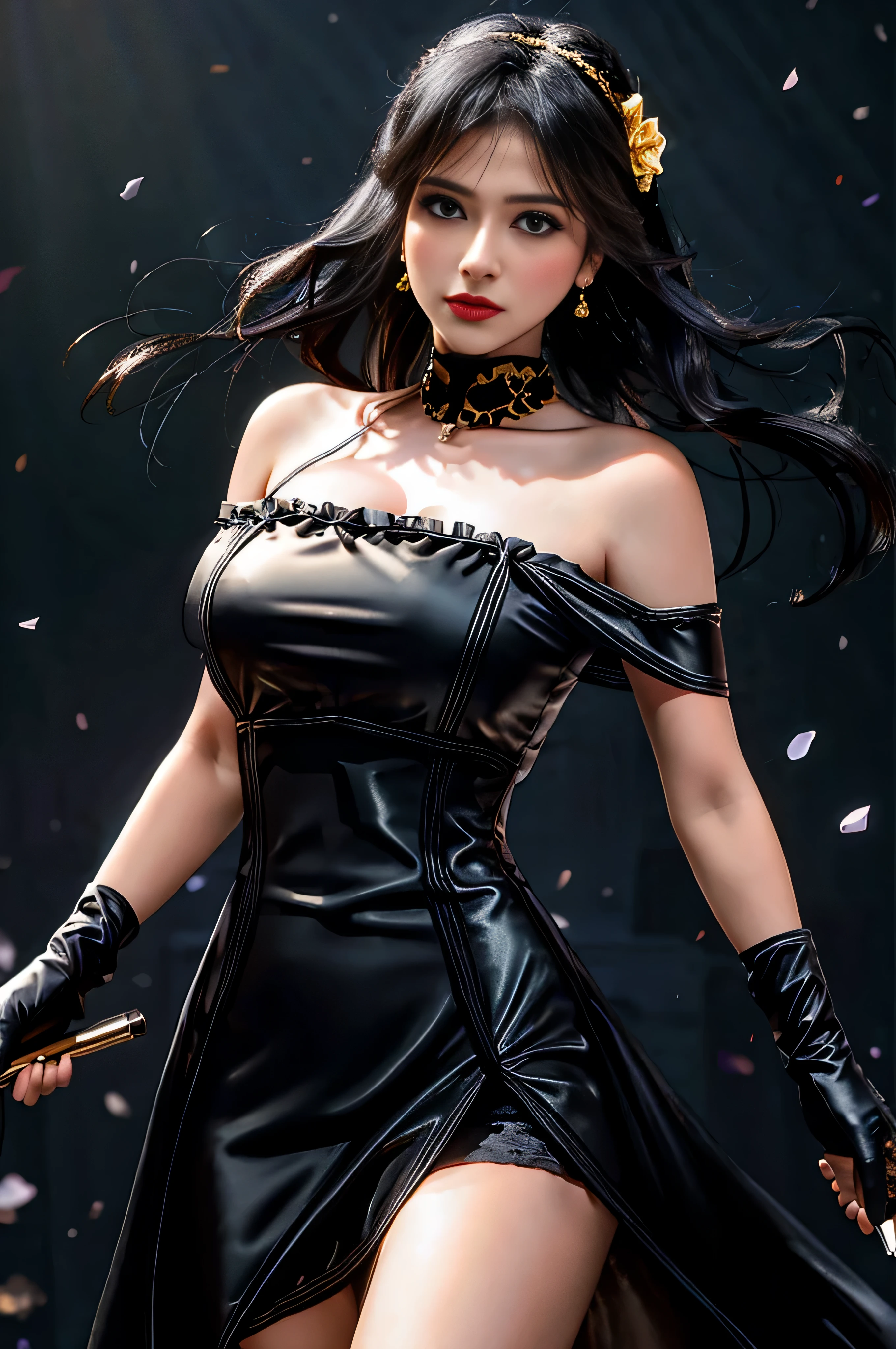 yor briar, (photorealistic), beautiful girl, 

backlighting, bare shoulders, black background, black dress, black gloves, black hair, breasts, closed mouth, cowboy shot, dress, earrings, expressionless, fingerless gloves, floating hair, gloves, gold earrings, gold hairband, hair flower, hair ornament, hairband, jewelry, large breasts, light particles, long hair, looking at viewer, off-shoulder dress, off shoulder, petals, red eyes, short hair with long locks, sidelocks, solo, spikes, thighs, two-sided dress, two-sided fabric

, ((masterpiece))