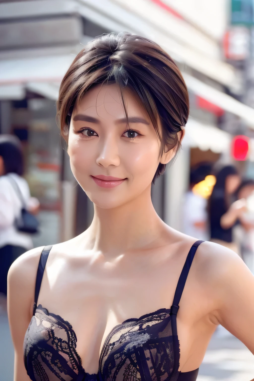 NSFW:1.5,((highest quality、8K resolution、master masterpiece、portrait:1.3)), Photoreal, 35mm film, 1 Japanese female, Upper body,Beautiful woman, on the street during the day, wrinkles around the eyes, plump body,pixie bob cut_boyish、bangs,smile,((black lace bra_panties:1.3)) , (outdoor:city street 1.3), jumbled background,look at the audience,Tokyo cityscape:1.3