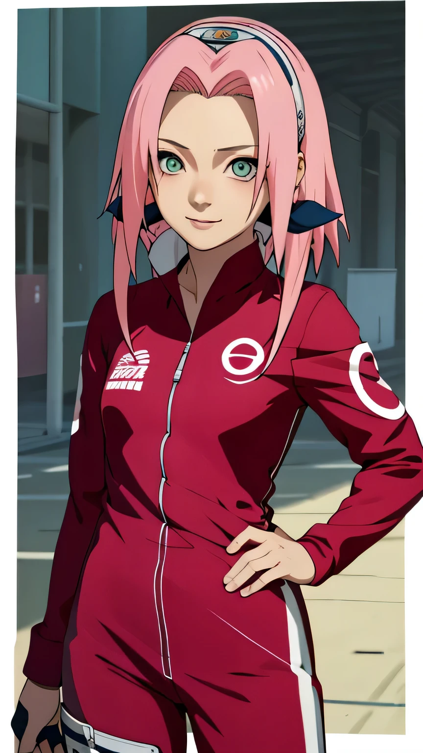 tmasterpiece, Best quality at best, 1girll,Sakura Haruno,Raised sexy,is shy,ssmile,with pink hair, long whitr hair, (Green eyeballs:1.4),blue Forehead protection, race track, standing with her formula car,long sleeve, wearing race suit