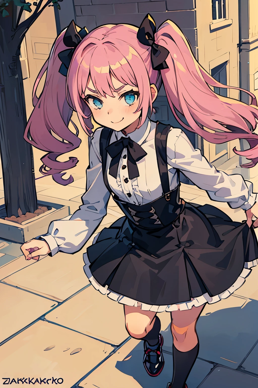 4 Girls with pink hair, long twintail hairstyle, small bushy eyebrows, wearing gothic ta clothing, loli(Zankuro) drawing style by zankuro artist, Zancrow style, image uploaded to R34, walking to school, flirty smile, , lifting her skirt to show her vagina wet with semen