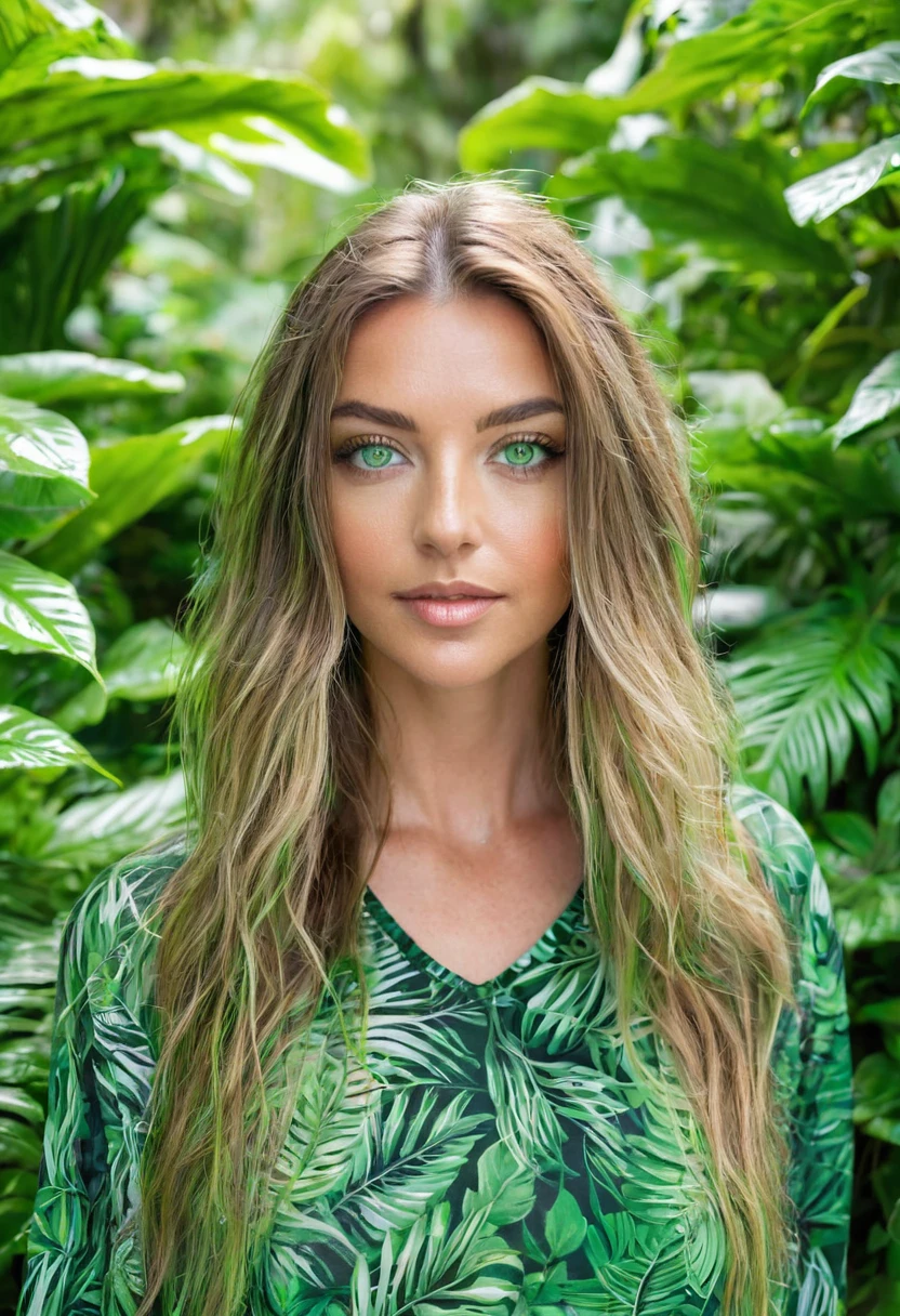 Caucasian female with green eyes, long hair wearing a green leafy top, surrounded by lush green foliage in the background