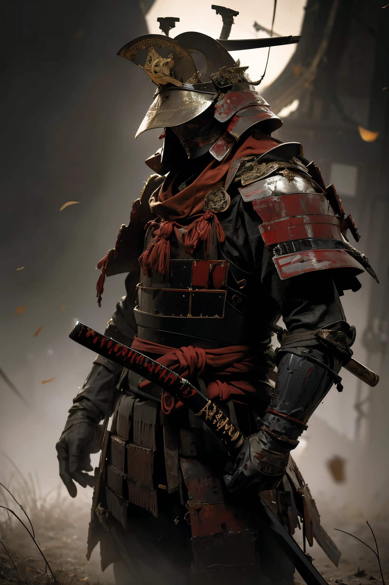 fallen samurai,ascuas,gloomy and creepy atmosphere,red samurai,dramatic lighting,Armadura roja agrietada, Detalles intrincados,Una batalla perdida,Gloria que se desvanece,sombras fantasmales,fondo brumoso,Face under the mask,Casco majestuoso,Una figura,humo ascendente,Destino condenado,gloomy ruins,majestic composition,Honor militar,soledad,Firefighting,Una presencia siniestra,ceniza y humo,Tierra ensangrentada,armadura desgastada,determination,Glifo de coraje,The end of the samurai era,Un campo de batalla devastado, parado en medio del campo de batalla [paleta de colores apagados],[tonos tenues],[Intrusive atmosphere:0.9]