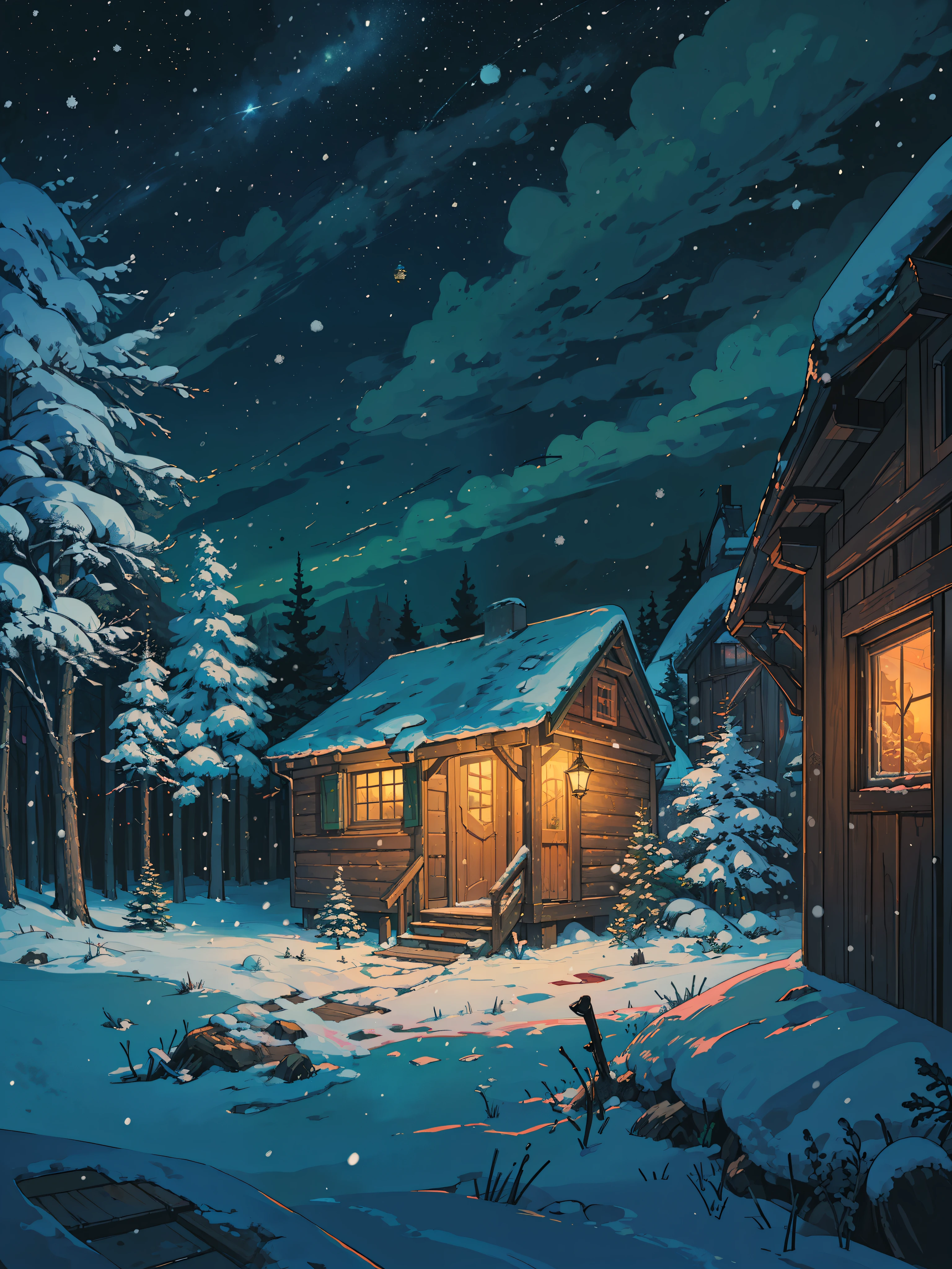 (masterpiece:1), (wide view:1.8),(cozy setup in balcony:1.5), (nature:1.3), (night time:1.6), (snow covered pine forest:1.65), silence, (winter time:1.5), (pine trees:1.5), (bushes:1.7), (dim light:1.5), magnificent sky, (shed:1.6), (light bulb:1.5), (cozy colors:1.6), (volumetric light:1.2), peaceful, (plant pots:1.4), (starry sky:1.5),(tree branch:1.3), (calmness:1.3), (ambient light:1.5), (scenery:1.4), (beautiful aesthetics:1.2), (landscape:1.5), (warm ambience:1.4) beautiful tones, subtle colors, peaceful, (illustration: 1.0), epic composition, realistic lighting, (no human:1.6), HD details, masterpiece, best quality, ,
