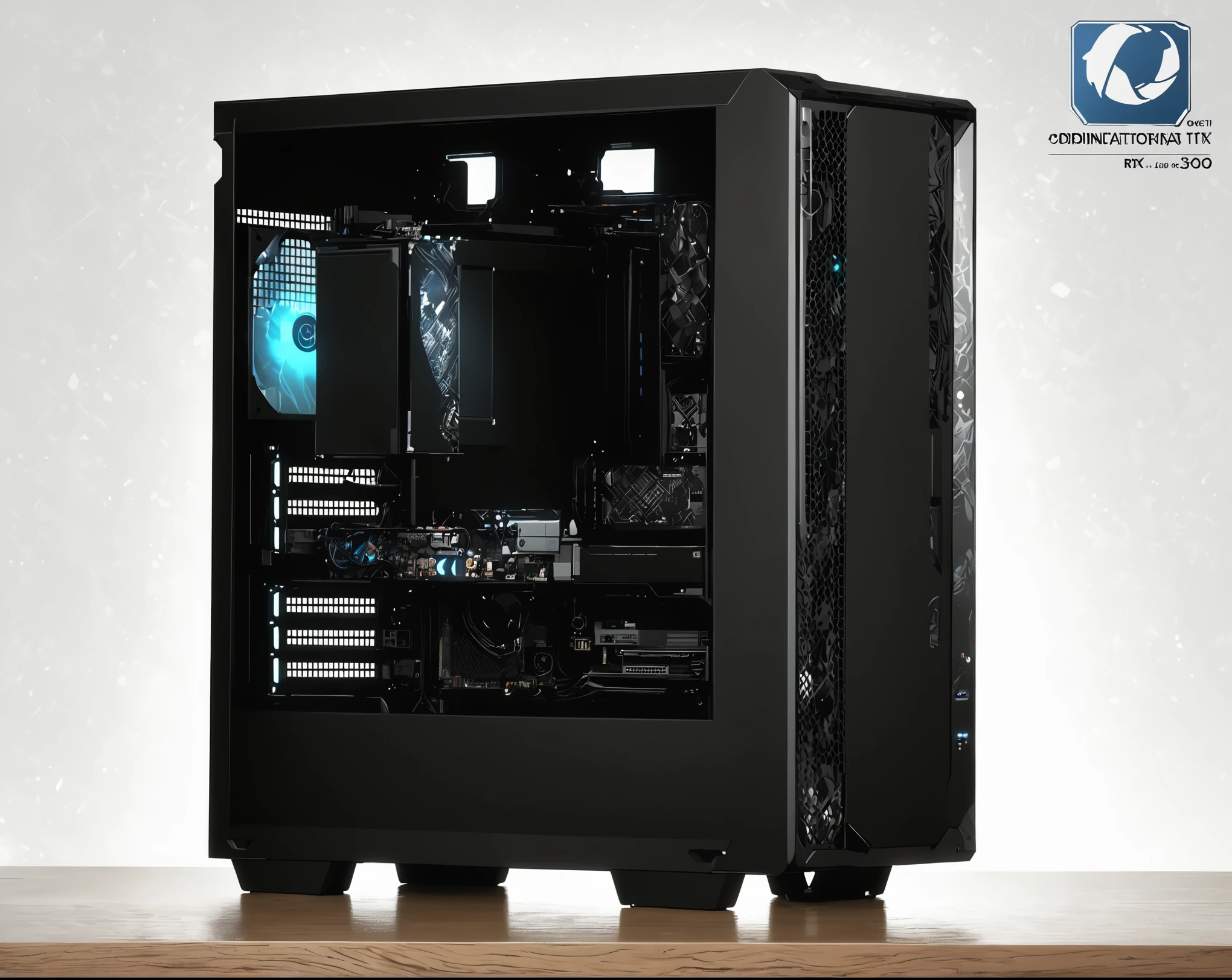 un gros plan d&#39;a box of&#39;ordinateur sur une table en bois, Personalized computer, liquide refroidi desktop, ordinateur de jeu, Rendu informatique 8k, ordinateur de jeu case, liquide refroidi, jeux sur ordinateur, ordinateurs de jeu, cooled to&#39;eau, watercooling, Curved construction, RTX 30900, RTX 4090 TI, RTX 3090