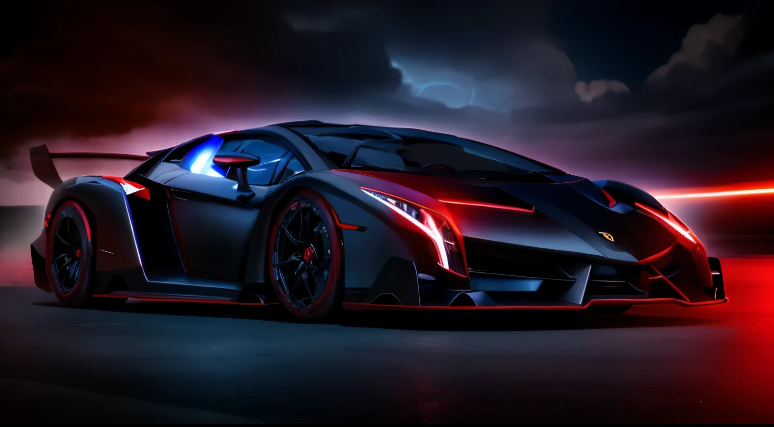 Black and red Lamborghini veneno parked at night, WELL illuminated by blue neon lights, in a stormy night with powerful lightning in the sky.