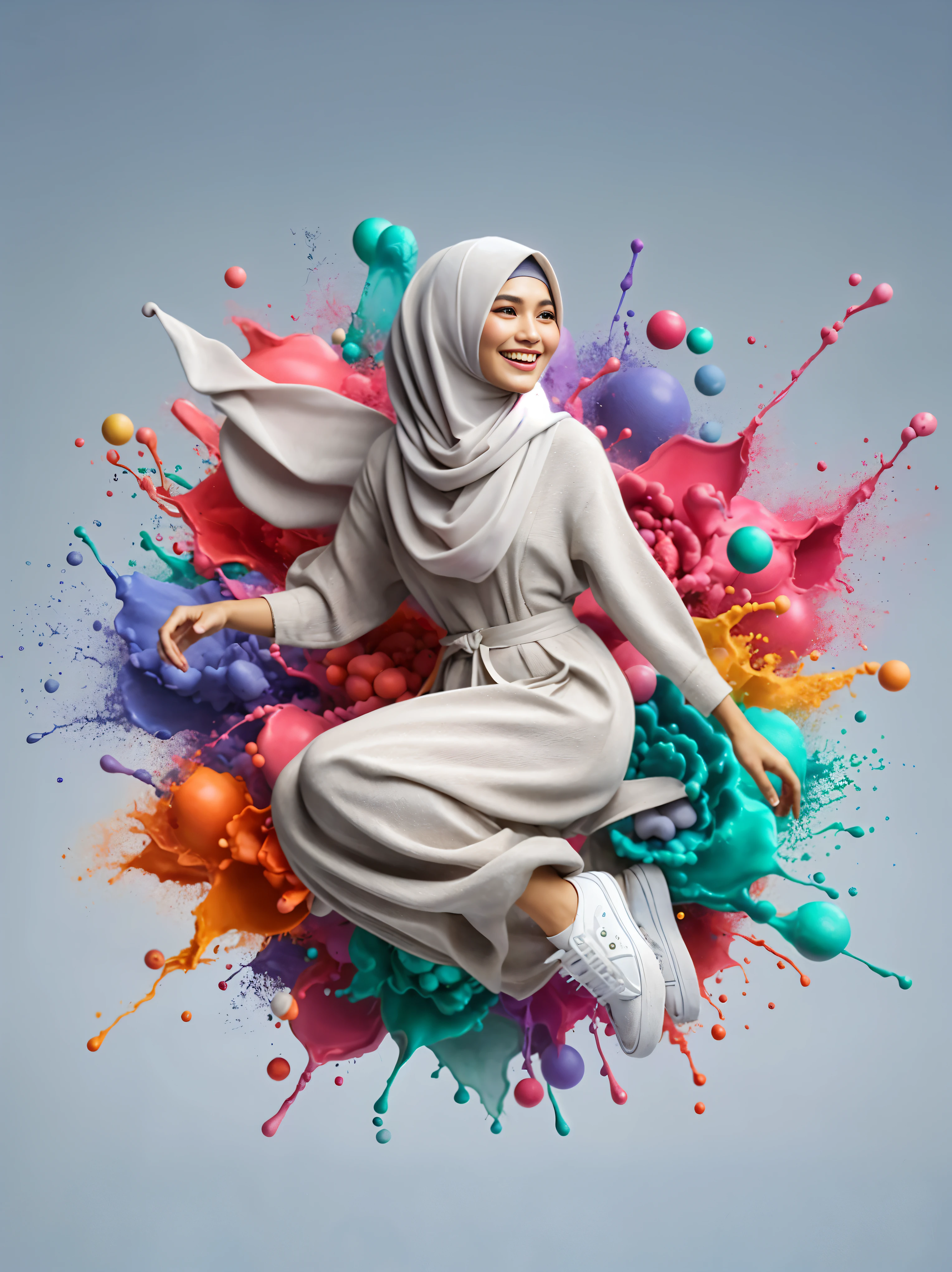 arafed woman in hijab talking on a cell phone with colored paint splashing around her, inspired by JoWOnder, colourfull, inspired by Rudy Siswanto, inspired by Fathi Hassan, with beautiful colors, inspired by Shaddy Safadi, portrait happy colors, realism art, color portrait, by Abidin Dino, inspired by Naza, portrait shot