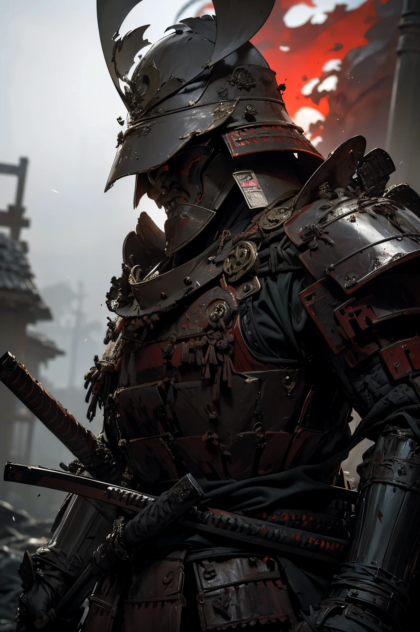fallen samurai,ascuas,gloomy and creepy atmosphere,red samurai,dramatic lighting,Armadura roja agrietada, Detalles intrincados,Una batalla perdida,Gloria que se desvanece,sombras fantasmales,fondo brumoso,Face under the mask,Casco majestuoso,Una figura,humo ascendente,Destino condenado,gloomy ruins,majestic composition,Honor militar,soledad,Firefighting,Una presencia siniestra,ceniza y humo,Tierra ensangrentada,armadura desgastada,determination,Glifo de coraje,The end of the samurai era,Un campo de batalla devastado, parado en medio del campo de batalla [paleta de colores apagados],[tonos tenues],[Intrusive atmosphere:0.9]