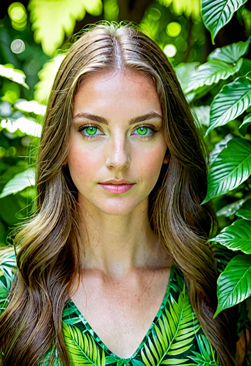 Caucasian female with green eyes, long hair wearing a green leafy top, surrounded by lush green foliage in the background