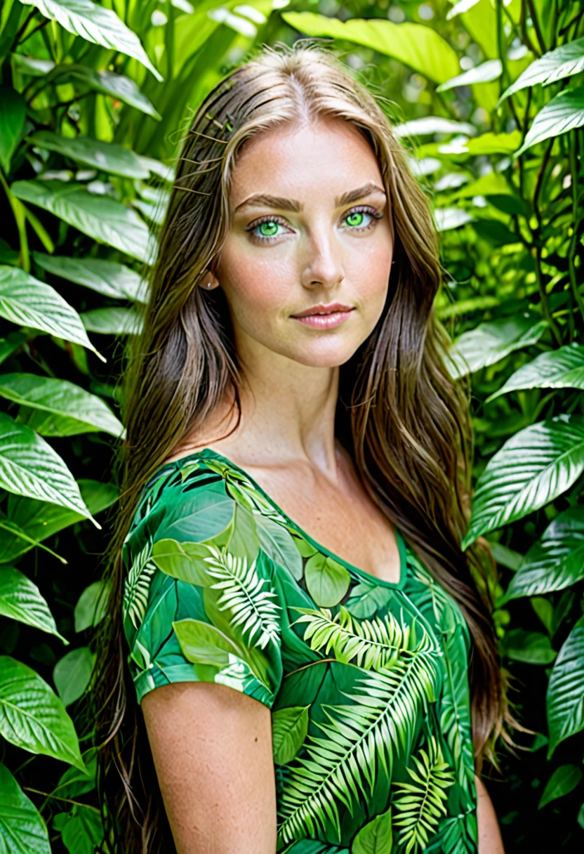 Caucasian female with green eyes, long hair wearing a green leafy top, surrounded by lush green foliage in the background