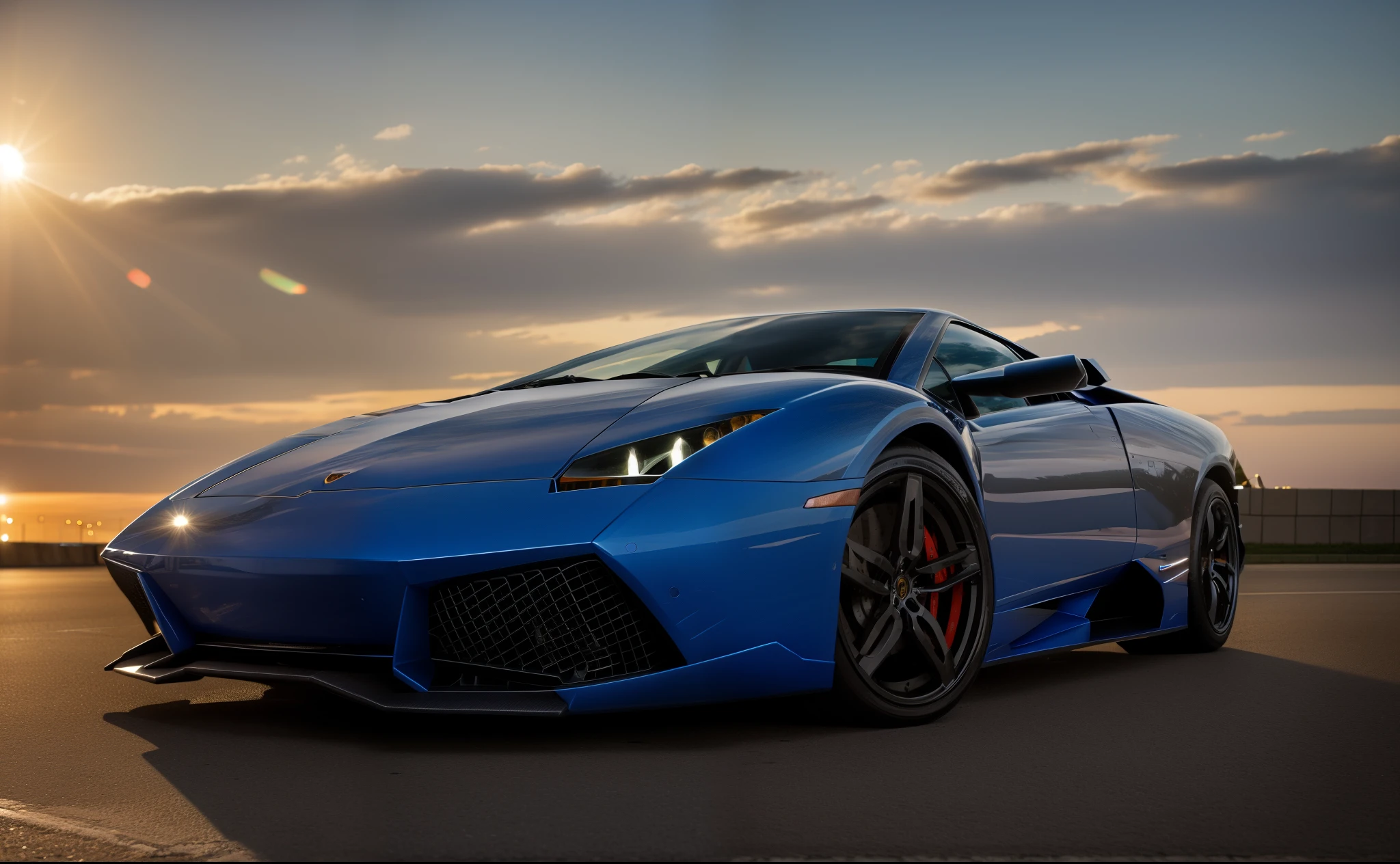 Lamborghini murcielago sitting parked on a city street, evening , perfect lighting