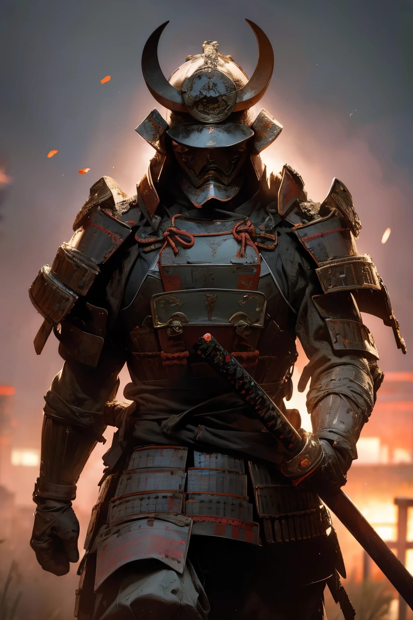 fallen samurai,ascuas,gloomy and creepy atmosphere,red samurai,dramatic lighting,Armadura roja agrietada, Detalles intrincados,Una batalla perdida,Gloria que se desvanece,sombras fantasmales,fondo brumoso,Face under the mask,Casco majestuoso,Una figura,humo ascendente,Destino condenado,gloomy ruins,majestic composition,Honor militar,soledad,Firefighting,Una presencia siniestra,ceniza y humo,Tierra ensangrentada,armadura desgastada,determination,Glifo de coraje,The end of the samurai era,Un campo de batalla devastado, parado en medio del campo de batalla [paleta de colores apagados],[tonos tenues],[Intrusive atmosphere:0.9]