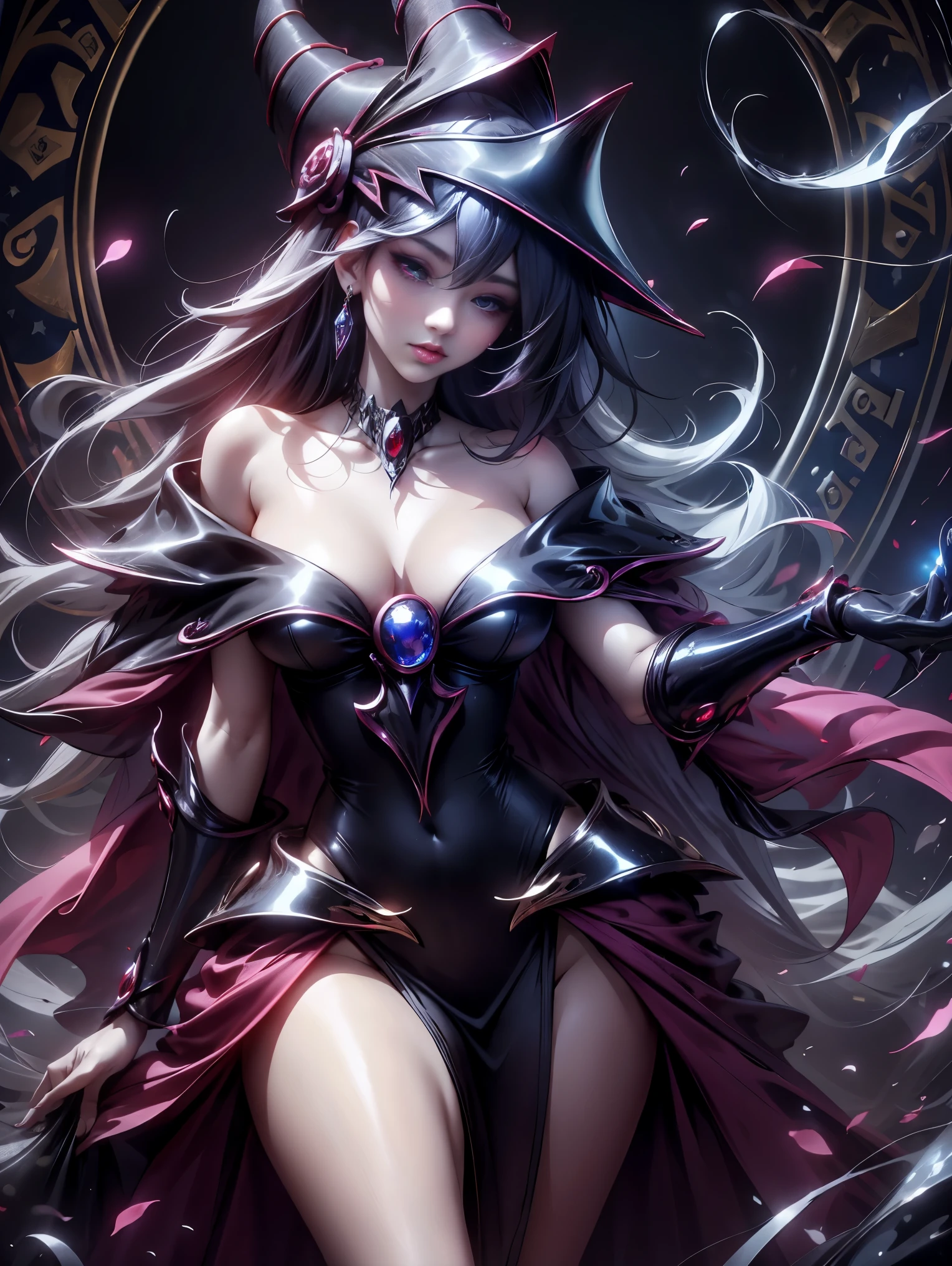 Dark magician gils con vestido de gala color Negro. Ella usa tacones rojos, tiene aretes. Usa collares. Cabello rubio y largo. Ojos azules. Labios rojos. Pose sensual y sujestiva. Fondo de Castillo