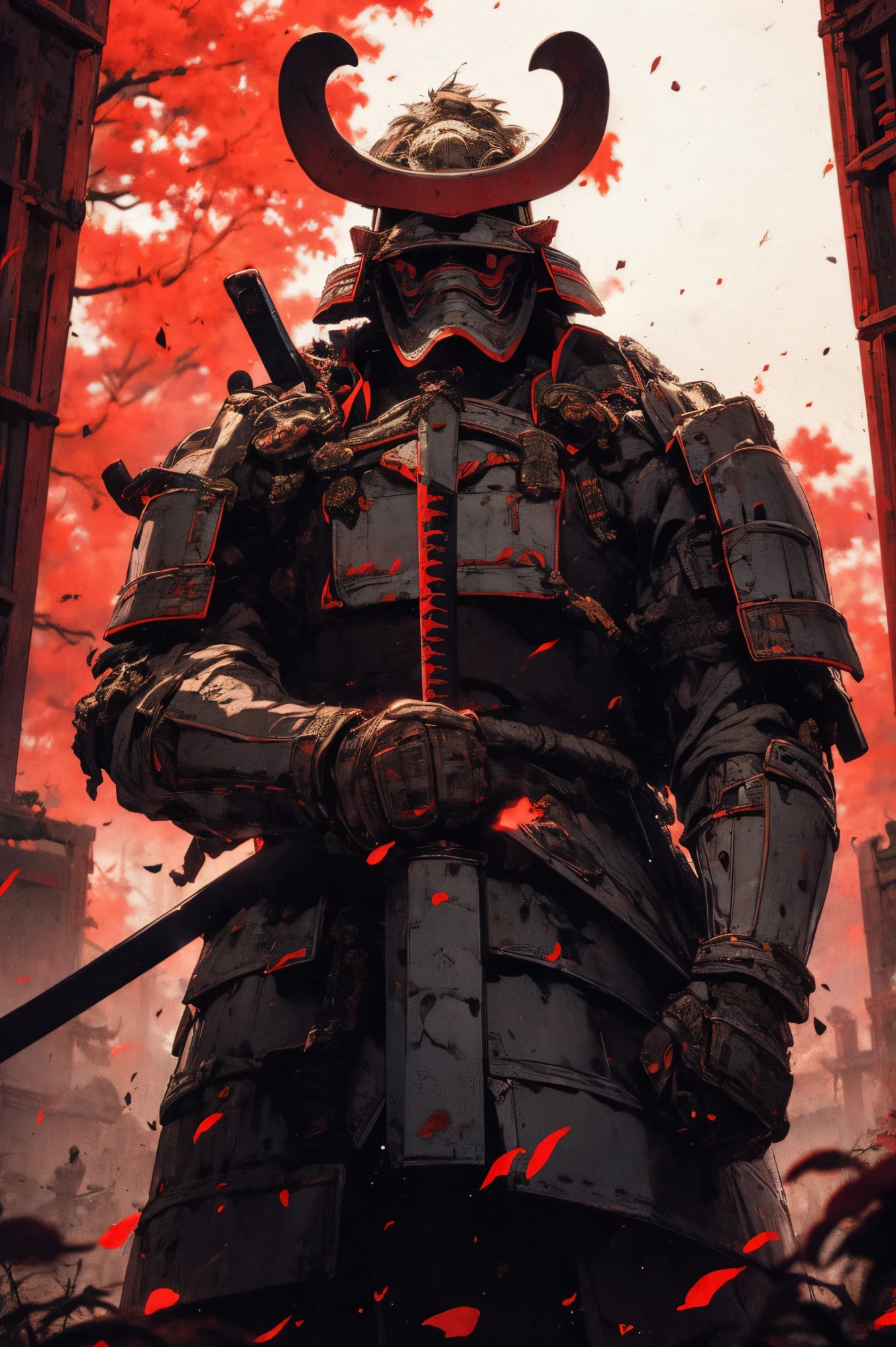 fallen samurai,ascuas,gloomy and creepy atmosphere,red samurai,dramatic lighting,Armadura roja agrietada, Detalles intrincados,Una batalla perdida,Gloria que se desvanece,sombras fantasmales,fondo brumoso,Face under the mask,Casco majestuoso,Una figura,humo ascendente,Destino condenado,gloomy ruins,majestic composition,Honor militar,soledad,Firefighting,Una presencia siniestra,ceniza y humo,Tierra ensangrentada,armadura desgastada,determination,Glifo de coraje,The end of the samurai era,Un campo de batalla devastado, parado en medio del campo de batalla [paleta de colores apagados],[tonos tenues],[Intrusive atmosphere:0.9]
