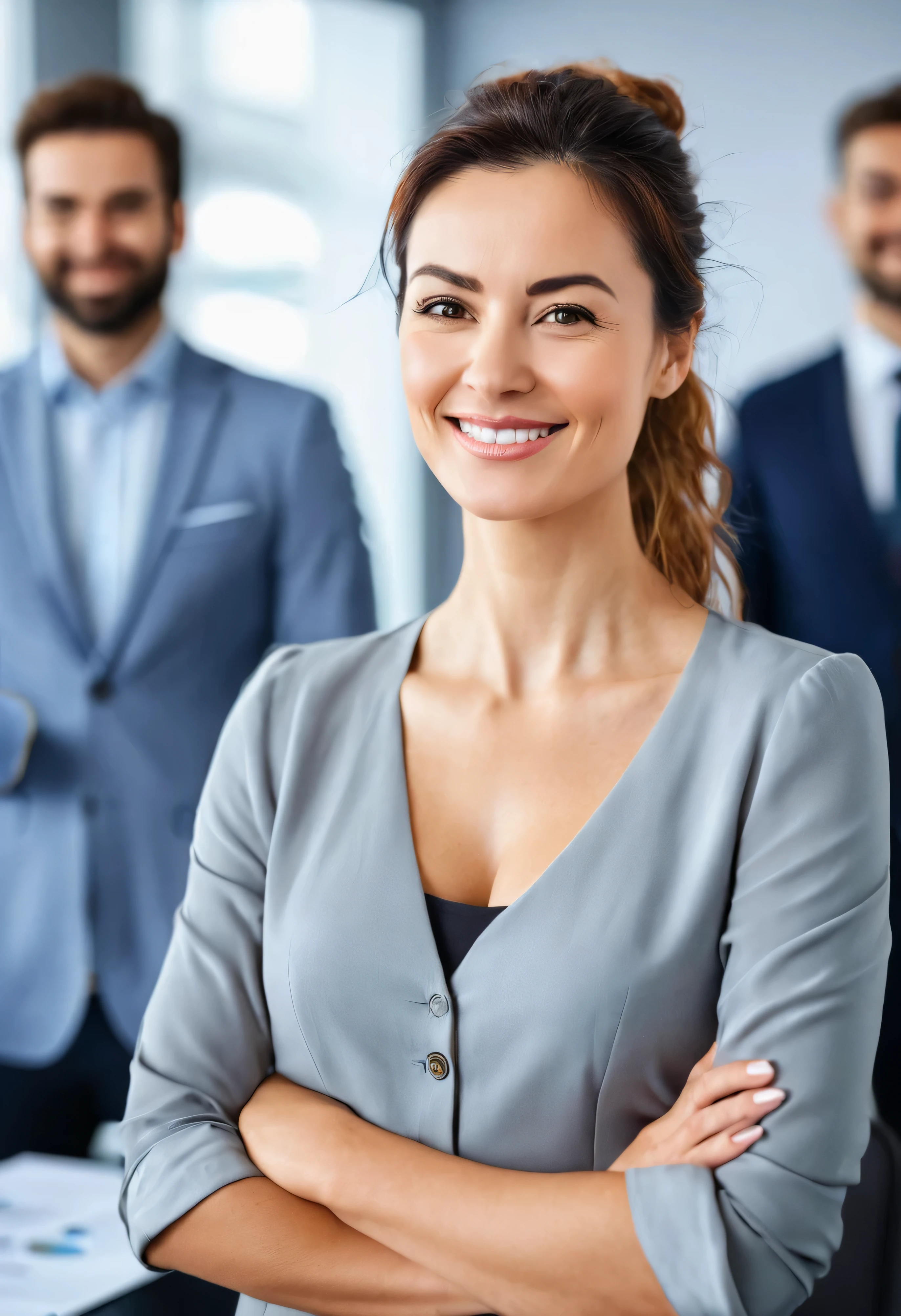 
there is a woman standing in front of a group of people, photo of a beautiful, professional cooperate, in a meeting room, trending artwork, professional artwork, stock image, in meeting together, shutterstock, business meeting, stock photo, confident smirk, professional work, big smirk, photo portrait, high picture quality, very attractive, high quality picture