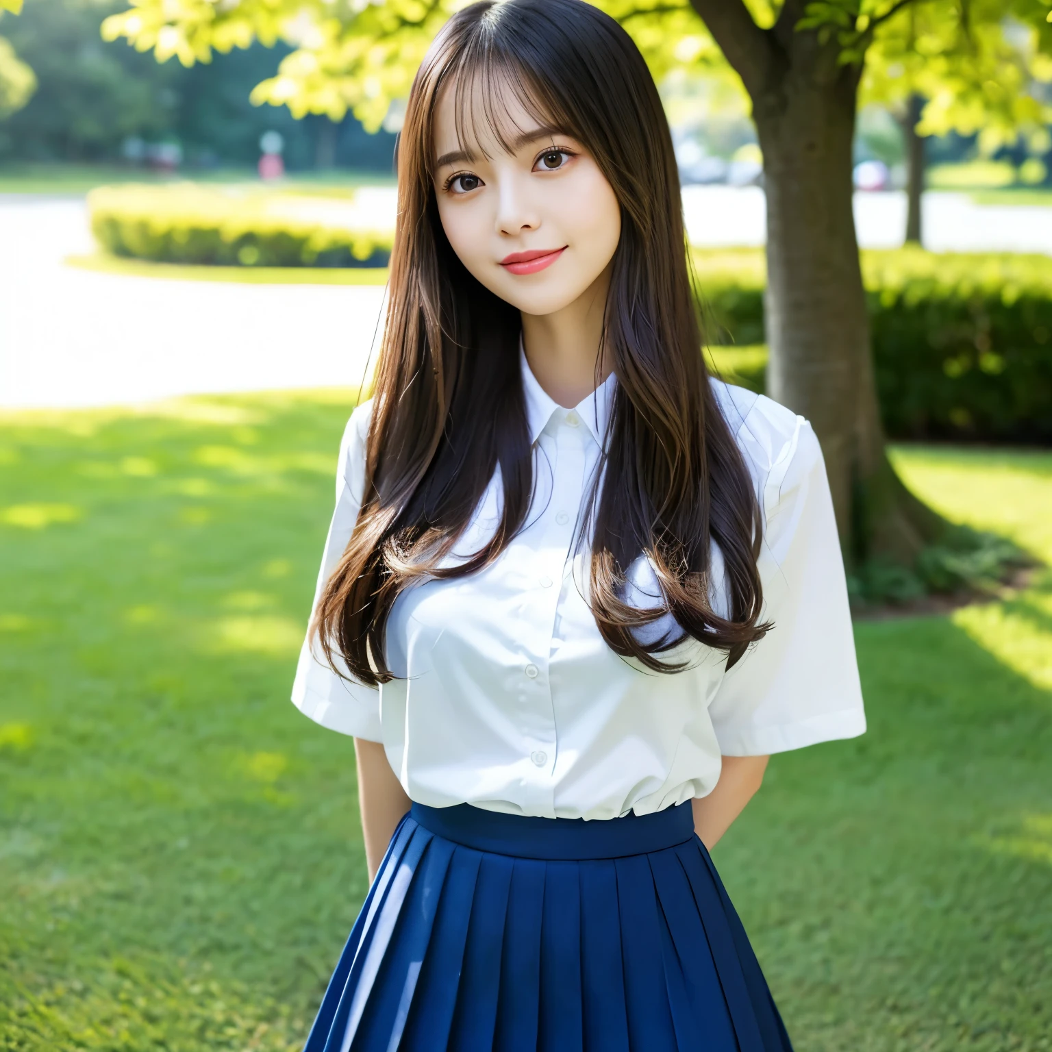 (highest quality、table top、8K、best image quality、Award-winning work)、one high school girl、16 years old、(alone:1.1)、perfect beautiful composition、(Huge breasts that are about to burst:1.2)、(emphasize body line:1.1)、slender body、(perfect and accurate white polyester shirt:1.1)、(navy pleated skirt:1.1)、look at me and smile、(Beautiful park background with strong blur:1.1)、The most natural and perfect beauty park、perfectly maintained park、(stand gracefully:1.1)、natural makeup、Ultra high definition beauty face、ultra high definition hair、Super high-definition sparkling eyes、(Super high resolution glossy skin:1.1)、Super high resolution glossy lips、accurate anatomy、(very bright and vivid:1.1)