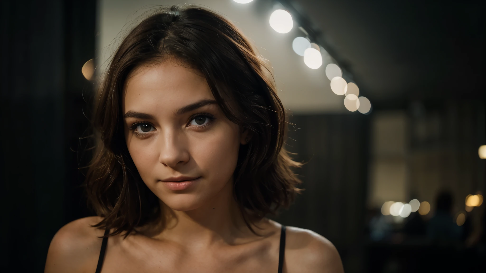 RAW uhd portrait d'une brune de 24 ans en gros plan, Natural brown hair, castles, corrugated, (femme aux yeux vert) dans l'appartement, Prehistory of New York, starry night sky, ,sein naturel, Le fond de la nuit de la ville, (Robe d'red summer), (cut), detailed (textures!, cheveux!, brightness, couleur!, imperfections:1.1), Détail élevé des yeux clairs, (en regardant la caméra), specular lighting, DSLR, ultra quality, sharpness, pointu, Profondeur de champ, grain de film, (center), Fujifilm XT3, Clair comme de l'eau de roche, Le centre du cadre, visage mignon, sharpness, lampadaire, neon lights, Bokeh, (dimly lit), discret, dans la nuit, (ciel de nuit)