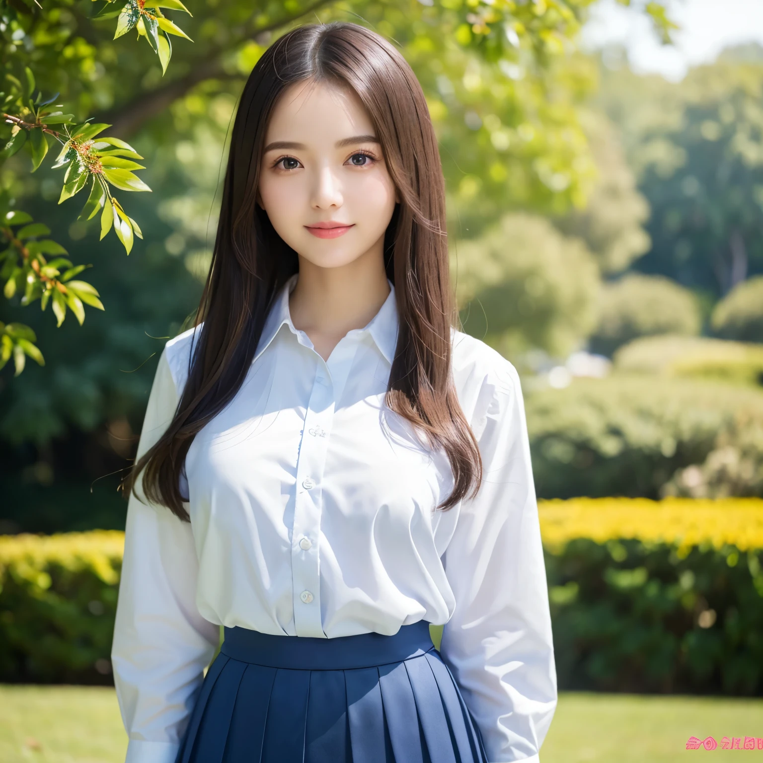 (highest quality、table top、8K、best image quality、Award-winning work)、one high school girl、、(alone:1.1)、perfect beautiful composition、(Huge breasts that are about to burst:1.2)、(emphasize body line:1.1)、slender body、(perfect and accurate white polyester shirt:1.1)、(navy pleated skirt:1.1)、look at me and smile、(Beautiful park background with strong blur:1.1)、The most natural and perfect beauty park、perfectly maintained park、(stand gracefully:1.1)、natural makeup、Ultra high definition beauty face、ultra high definition hair、Super high-definition sparkling eyes、(Super high resolution glossy skin:1.1)、Super high resolution glossy lips、accurate anatomy、(very bright and vivid:1.1)