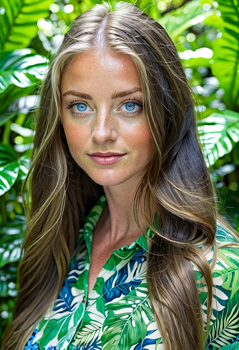 Caucasian female with blue eyes, long hair wearing a green leafy top, surrounded by lush green foliage in the background