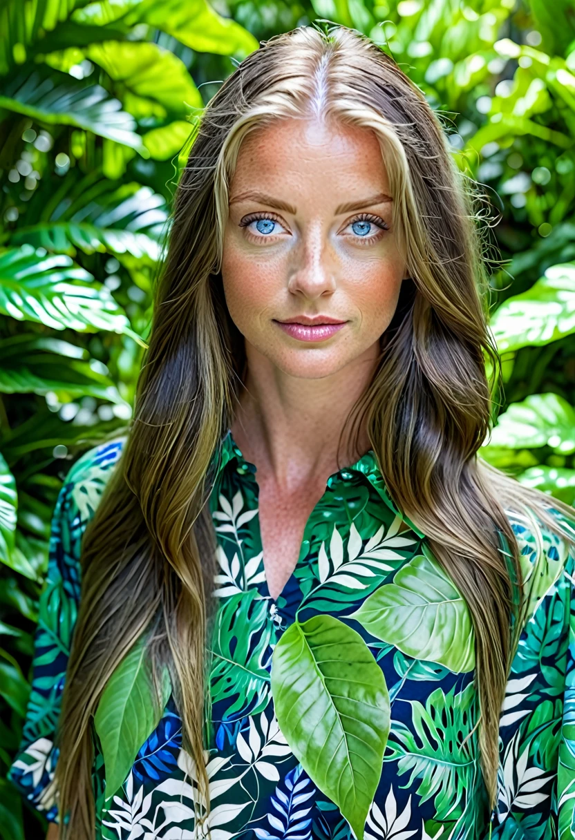 Caucasian female with blue eyes, long hair wearing a green leafy top, surrounded by lush green foliage in the background