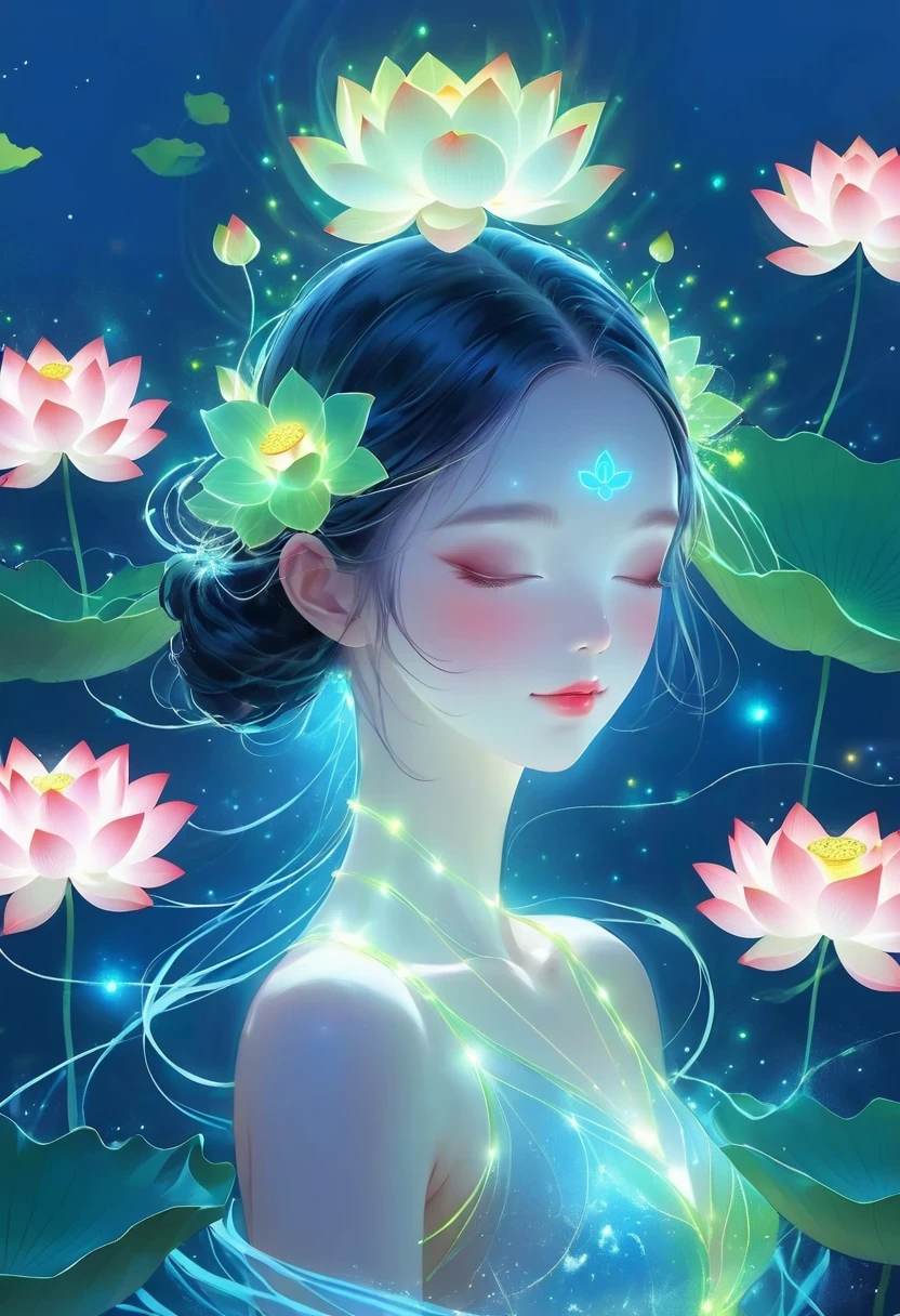(masterpiece, best quality:1.2), digital art style, charming illustration,peace pictures,1 girl, Wearing a lotus flower on his head,alone,body glow,glowing line,fluorescence,Luminous example,Tracking example,flash,萤light particles,backlight,translucent,light particles,correct human anatomy,