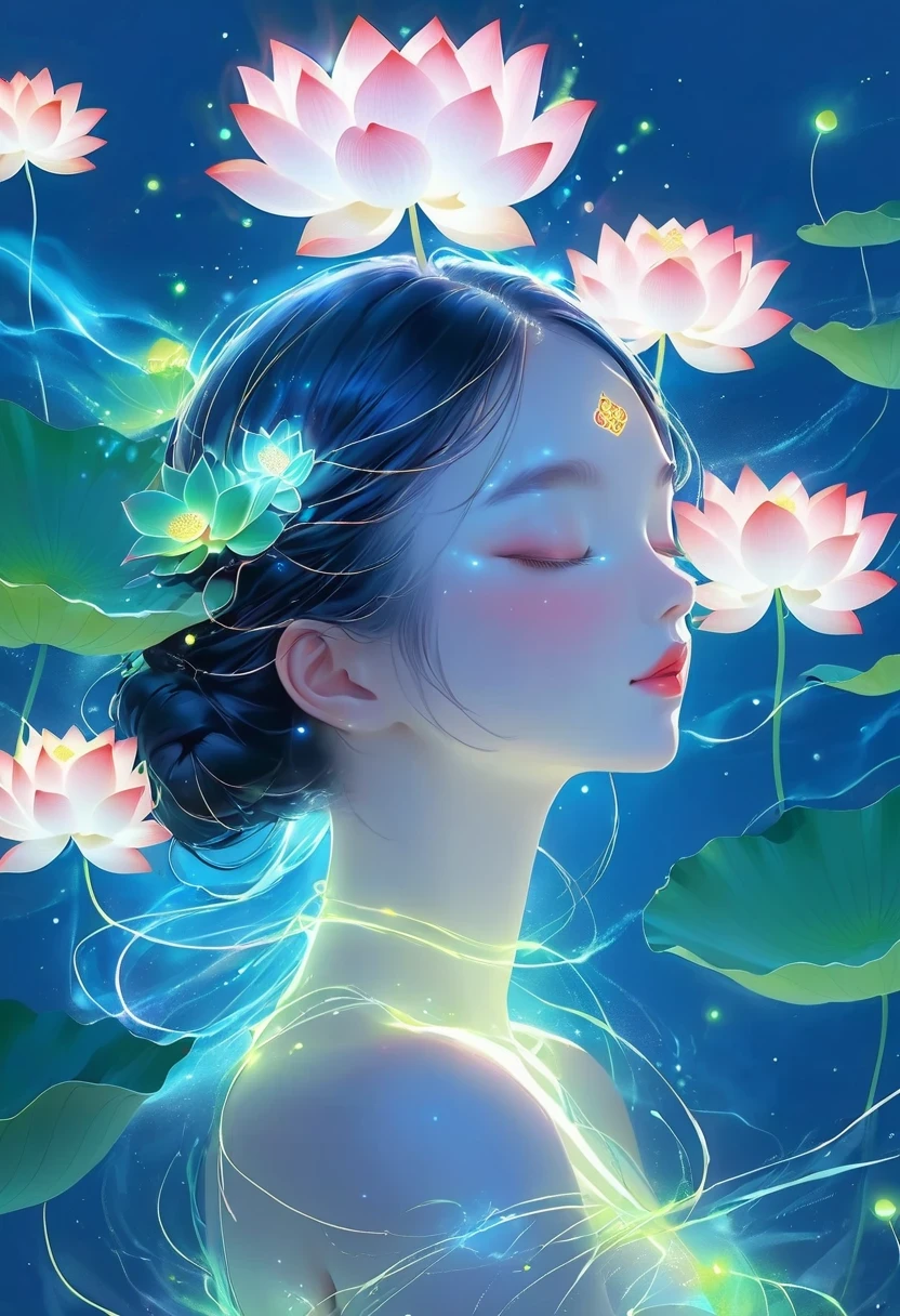 (masterpiece, best quality:1.2), digital art style, charming illustration,peace pictures,1 girl, Wearing a lotus flower on his head,alone,body glow,glowing line,fluorescence,Luminous example,Tracking example,flash,萤light particles,backlight,translucent,light particles,correct human anatomy,