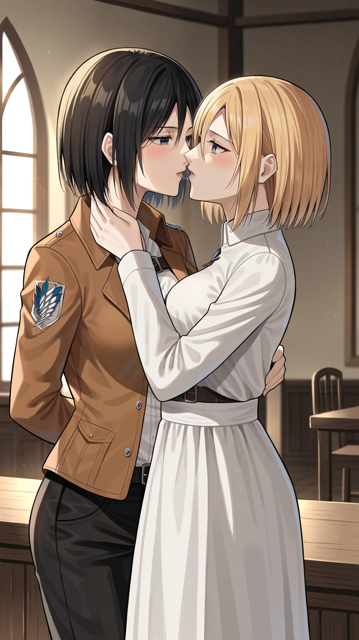 score_9, score_8_up, score_7_up, score_6_up, (by blade \(galaxist\):.6), (by null:.5), flat color, 2girls, yuri, attack on titan, mikasa, annie leonhart, annie and mikasa, depressed, bags under eyes, half-closed eyes, standing, pov, front view, girls kissing, pov, delinquent, flat shading, minimalism, blue eyes, medieval home, indoors, medieval interior, arms behind back, saliva, seductive expression, large breasts, kissing, girls kissing each other, kiss, ((kissing)), yuri, mikasa and annie embrace each other, mikasa and annie kissing each other, annie leonhart (short, small, short stature, blonde, wearing brown leather stocking, wearing brown leather jacket, shorts), mikasa (tall, black hair, muscular, big, tal stature),  medieval clothes, medieval, Annie is hort, mikasa is tall, size difference 