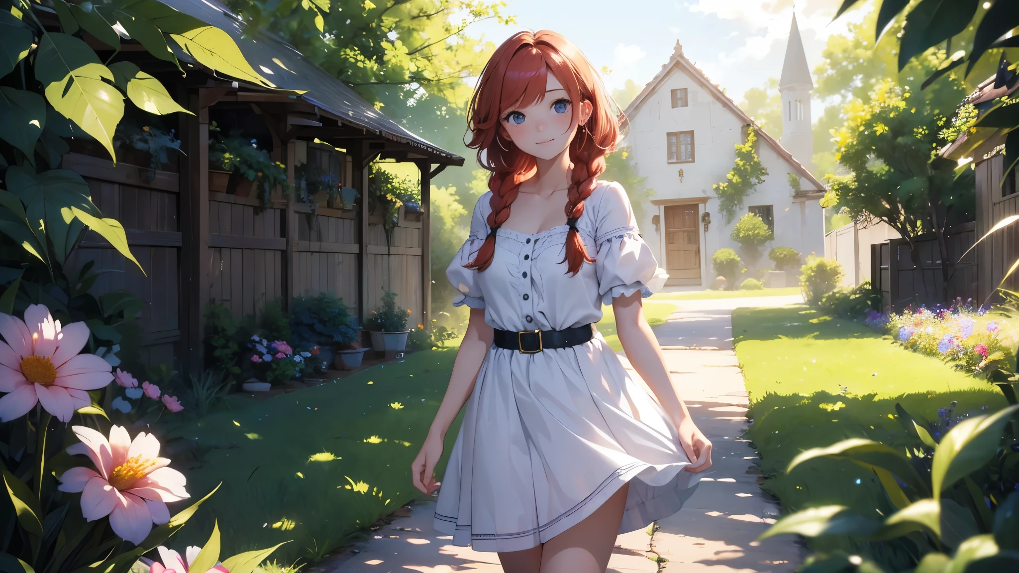 ((masterpiece,best quality,ultra detailed,ultra high res,detailed country yard background)), soft realistic focus, dynamic shadows, realistic image, vibrant colors,light leaks,dreamy atmosphere,chiaroscuro,BREAK 
experimental charm, The girl is depicted in full growth, you see the girl from head to toe, nostalgic appeal, country girlfriend, she take you with yourself, simple open short dress, soft mischievous smile, freckles, shiny light red hair, big sister pose, thick braids, hands resting on the hips on the belt and legs widely spaced, slightly leaning forward, flashback of memories, your touch resembles the touch of waves

