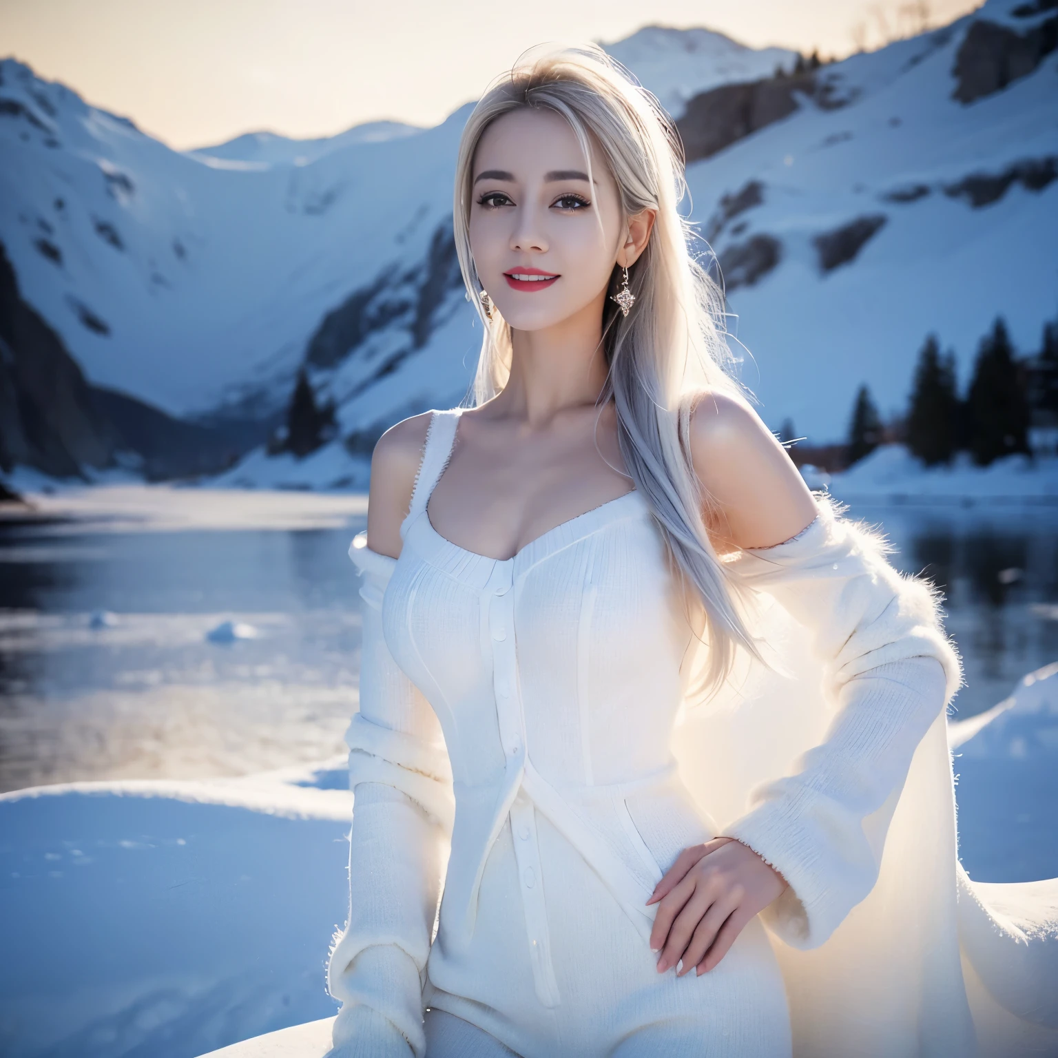 ((top quality、8k、Masterpiece:1.3))、Extremely delicate and beautiful girl,full-body shot,huge breasts,bigger breasts,amazing breast size,G cup,Half of the breasts are exposed。Wear big earrings,Very white skin,moist red lips,Waist is very thin,Thighs are very thin,big butt,fair and smooth skin,Smooth and fair skin,flawless skin,Fair and shiny skin,cold white skin,The camera focuses on the chest,Bright light,white sweater,Lower body exposed,white hair,White hair,heavy snow,snow mountain,sunset,lake,sweet smile,mouth slightly open