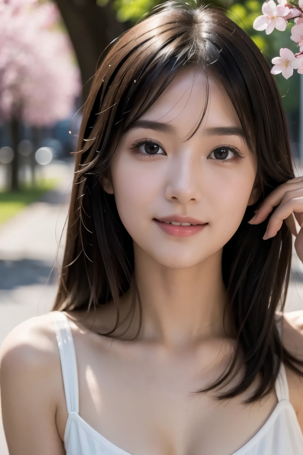 (highest quality,masterpiece:1.3,ultra high resolution),(Super detailed,caustics,8k),(realistic:1.4,RAW shooting),1 girl,(Look at the camera with a smile),20-year-old,、cute,Japanese,Long black hair、messy hair、face focus,Natural light,Lens flare,E cup、Cherry blossom trees、belly button