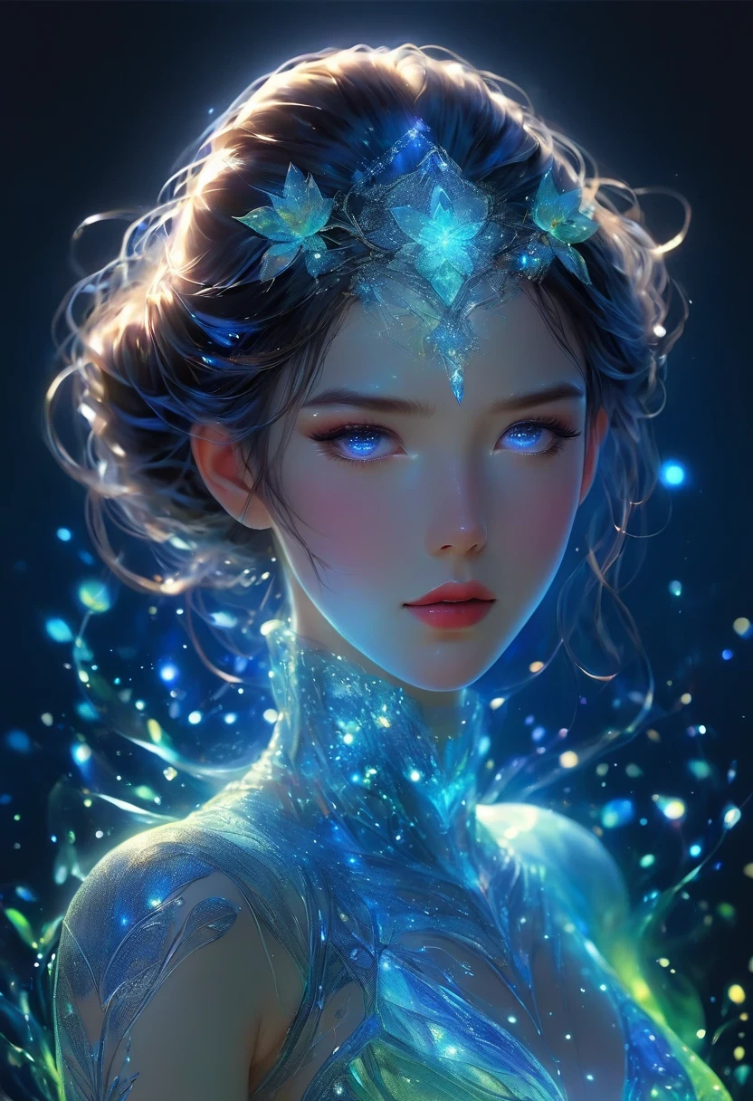 imagine a glass woman, Her delicate figure is like a sculpture-like work of art, Crying in the Starry Sky. The blue night enveloped her, Casting a melancholy light on her ethereal figure. Her glass body glows with bright blue hues, Every line and curve is etched with intricate detail. The glass in her eyes reflects the twinkling stars, Reflecting the infinite depth and emotion of the universe. Her sadness is beyond words, But her beautiful figure is still untarnished, Proof of the extraordinary power of emotion. This 4K glass woman is an exquisite picture of light and shadow, color, and feeling, arrive,body glow,glowing line,fluorescence,Luminous example,Tracking example,flash,萤light particles,backlight,translucent,light particles,correct human anatomy,
