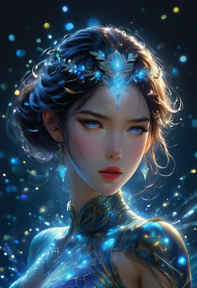 imagine a glass woman, Her delicate figure is like a sculpture-like work of art, Crying in the Starry Sky. The blue night enveloped her, Casting a melancholy light on her ethereal figure. Her glass body glows with bright blue hues, Every line and curve is etched with intricate detail. The glass in her eyes reflects the twinkling stars, Reflecting the infinite depth and emotion of the universe. Her sadness is beyond words, But her beautiful figure is still untarnished, Proof of the extraordinary power of emotion. This 4K glass woman is an exquisite picture of light and shadow, color, and feeling, arrive,body glow,glowing line,fluorescence,Luminous example,Tracking example,flash,萤light particles,backlight,translucent,light particles,correct human anatomy,