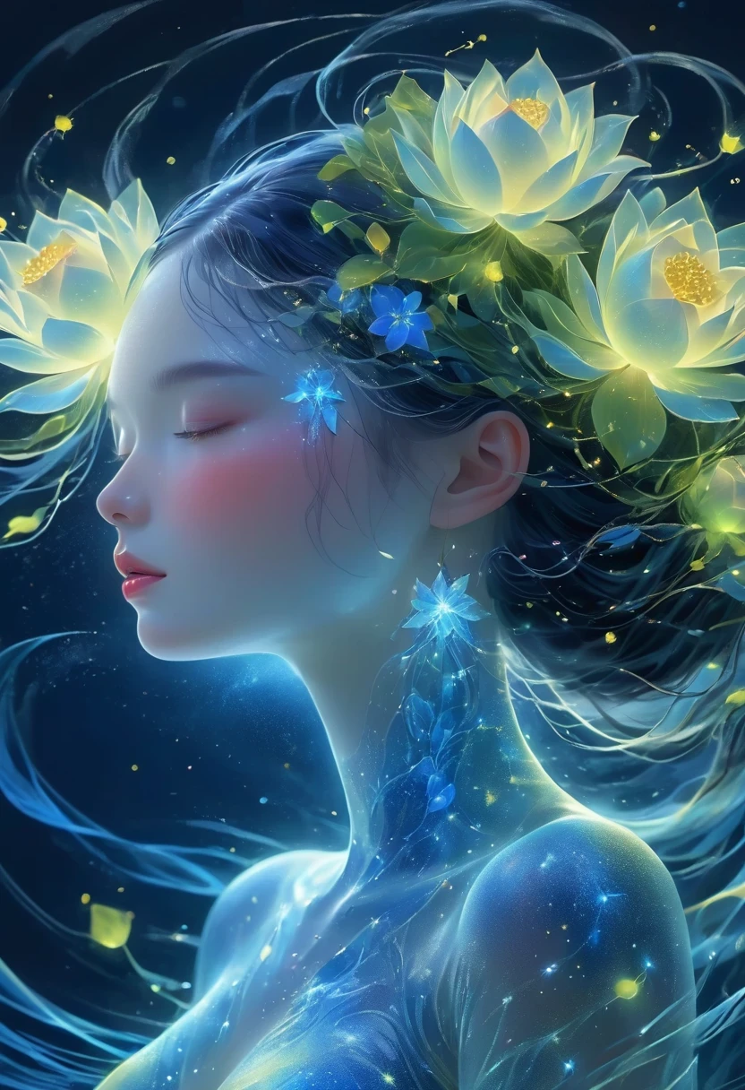 imagine a glass woman, Her delicate figure is like a sculpture-like work of art, Crying in the Starry Sky. The blue night enveloped her, Casting a melancholy light on her ethereal figure. Her glass body glows with bright blue hues, Every line and curve is etched with intricate detail. The glass in her eyes reflects the ling stars, Reflecting the infinite depth and emotion of the universe. Her sadness is beyond words, But her beautiful figure is still untarnished, Proof of the extraordinary power of emotion. This 4K glass woman is an exquisite picture of light and shadow, color, and feeling, arrive,body glow,glowing line,fluorescence,Luminous example,Tracking example,flash,萤light particles,backlight,translucent,light particles,correct human anatomy,