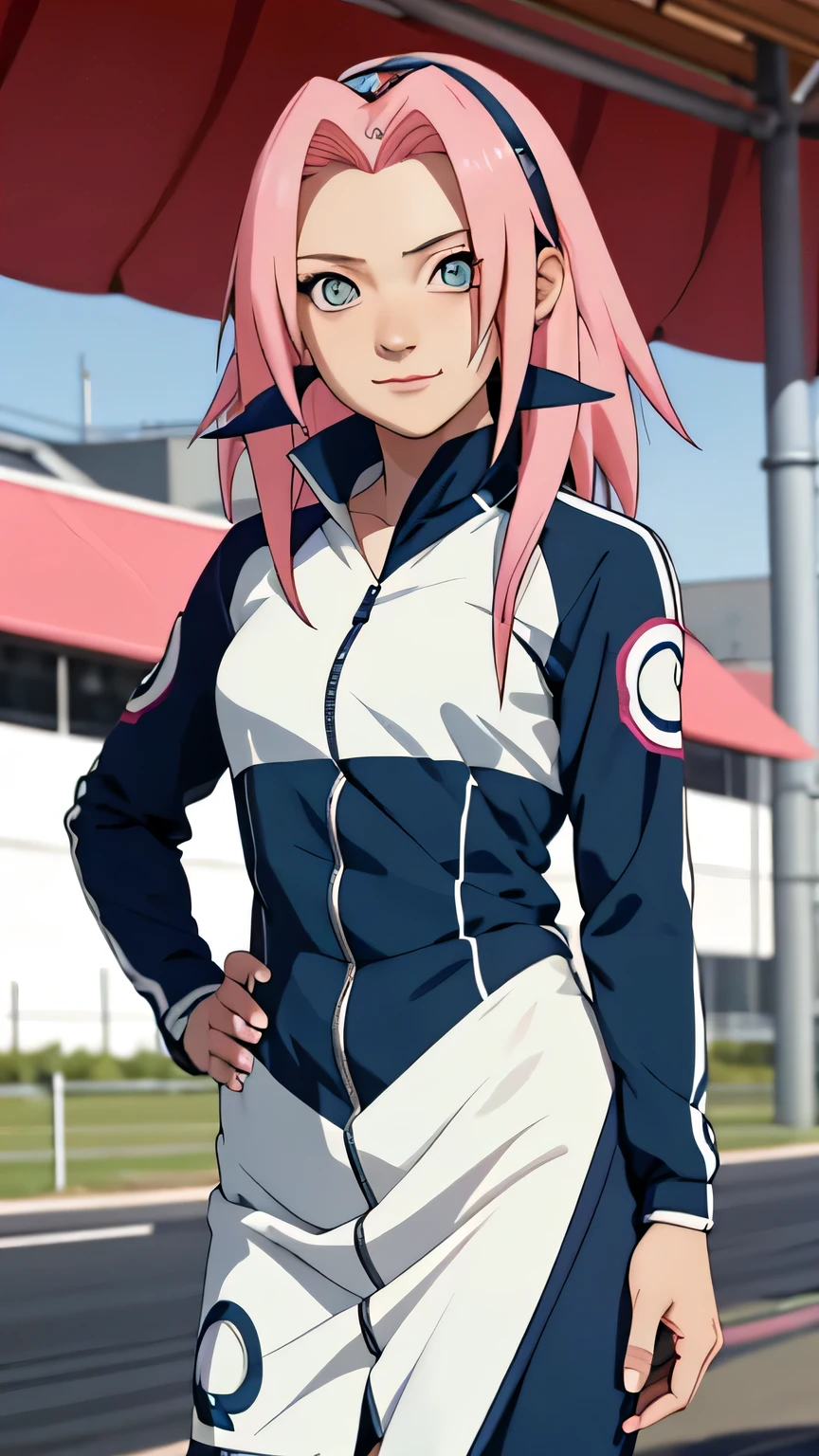 tmasterpiece, Best quality at best, 1girll,Sakura Haruno,Raised sexy,is shy,ssmile,with pink hair, long whitr hair, (Green eyeballs:1.4),blue Forehead protection, race track, standing with race car,long sleeve, blue colour race suit,full zipper, race track