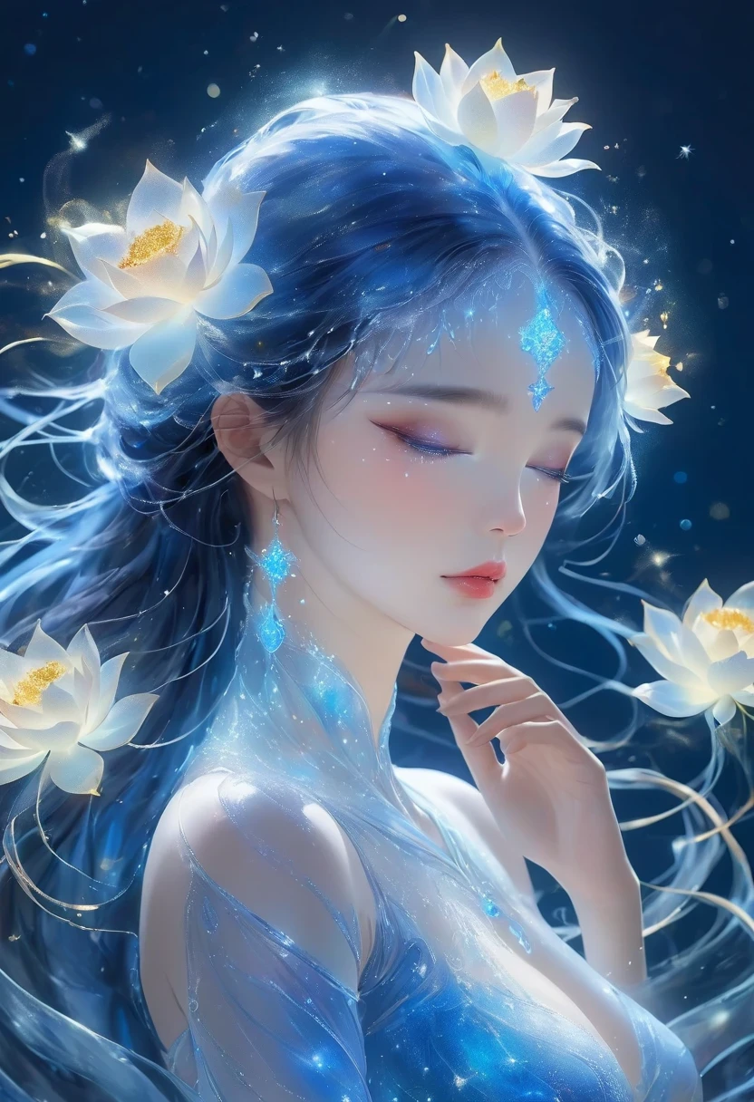 imagine a glass woman, Her delicate figure is like a sculpture-like work of art, Crying in the Starry Sky. The blue night enveloped her, Casting a melancholy light on her ethereal figure. Her glass body glows with bright blue hues, Every line and curve is etched with intricate detail. The glass in her eyes reflects the twinkling stars, Reflecting the infinite depth and emotion of the universe. Her sadness is beyond words, But her beautiful figure is still untarnished, Proof of the extraordinary power of emotion. This 4K glass woman is an exquisite picture of light and shadow, color, and feeling, arrive，body glow，glowing line，fluorescence,Luminous example，Tracking example，flash，萤light particles，backlight，translucent，light particles，correct human anatomy，

