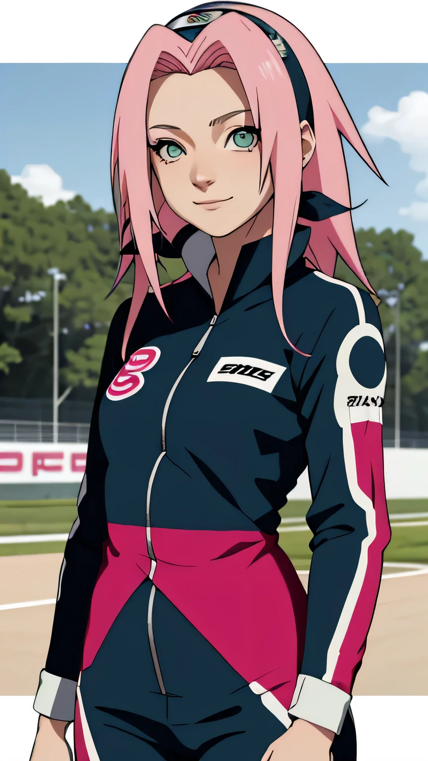 tmasterpiece, Best quality at best, 1girll,Sakura Haruno,Raised sexy,is shy,ssmile,with pink hair, long whitr hair, (Green eyeballs:1.4),blue Forehead protection, race track, standing with race car,long sleeve, blue colour race suit,full zipper, race track
