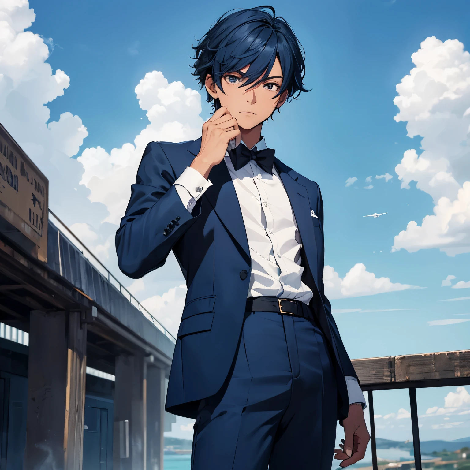 No centro o garoto de pele parda, com seus olhos castanhos esta  vestido em um uniforme escolar estilo terno masculino em azul forte,  a well-cut electric blue blazer, paired with navy blue dress pants and a cotton shirt in a medium blue tone. He is expressing determination, is standing with a closed hand to his left side, olhando para cima, as if defying the stormy sky.  Ao lado esquerdo dele, to another pale-skinned boy, with a look of disdain and pride, seems indifferent to the impending storm, His erect posture and distant gaze suggest excessive confidence. He is dressed in a men&#39;s suit-style school uniform in deep blue.,  a well-cut electric blue blazer, paired with navy blue dress pants and a cotton shirt in a medium blue tone. No lado direito do garoto de pele parda  tem uma garota de cabelos ruivos e sardas, with your arms crossed, She is dressed in a  set of blazer and plaid skirt that falls above the knees in a stylish and comfortable electric blue, acompanhado por uma blusa de seda azul royal. A garota encara o espectador com um olhar determinado e seguro, contrastando com a serenidade aparente dos outros dois.