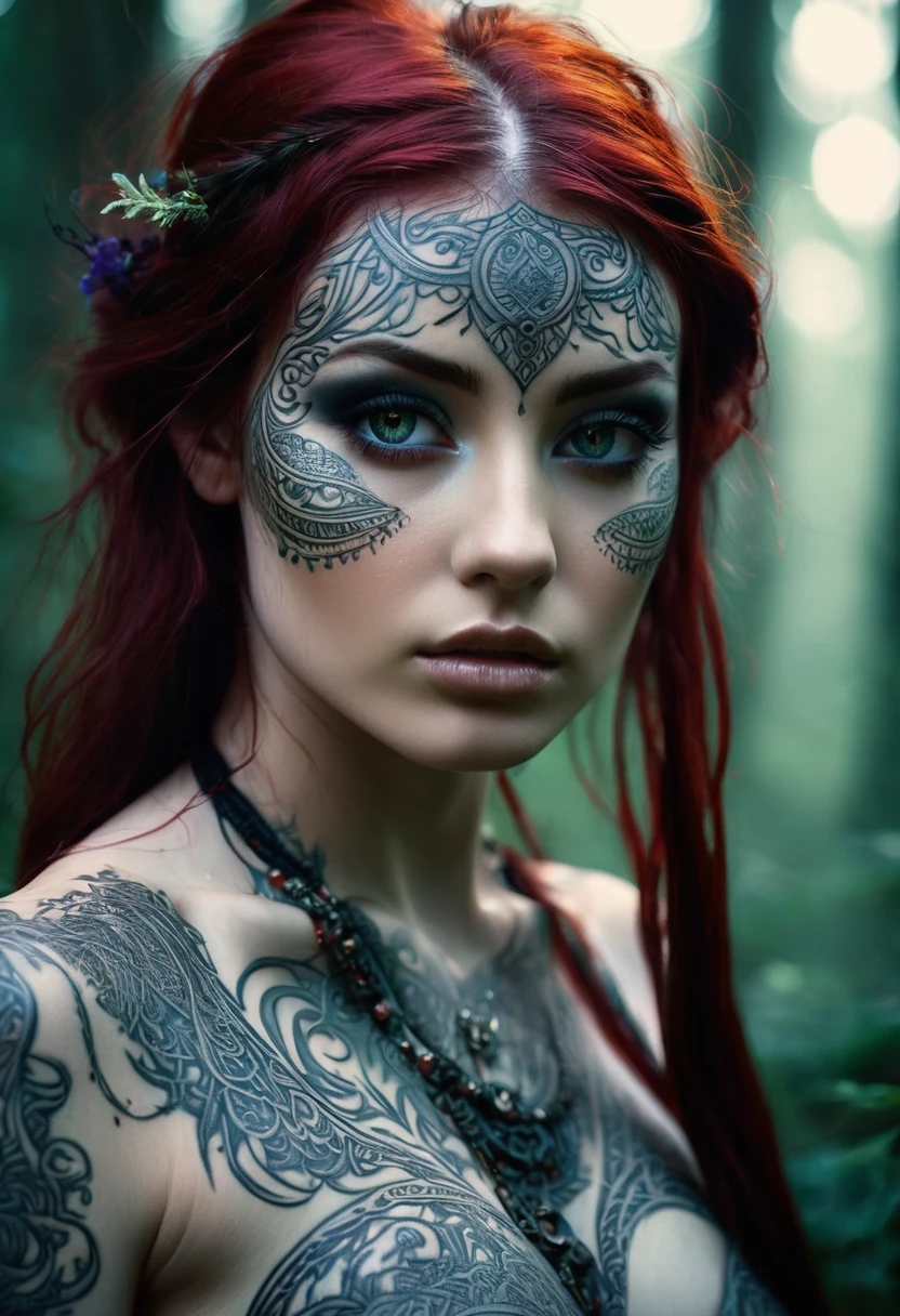 Eyes shimmering with ancient wisdom, adorned with intricate tattoos, emanating grace and power. Within a dystopian realm where grim shadows merge with ethereal beauty, her crimson hair flows like a river of magic. Amidst the mystical backdrop of enchanted forests and ruins, amidst the whispers of ancient runes and elven graffiti, she stands as a surreal figure, blending chiaroscuro contrasts with her otherworldly presence.