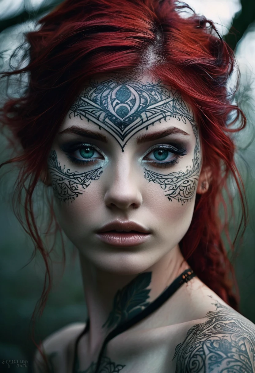 Eyes shimmering with ancient wisdom, adorned with intricate tattoos, emanating grace and power. Within a dystopian realm where grim shadows merge with ethereal beauty, her crimson hair flows like a river of magic. Amidst the mystical backdrop of enchanted forests and ruins, amidst the whispers of ancient runes and elven graffiti, she stands as a surreal figure, blending chiaroscuro contrasts with her otherworldly presence.