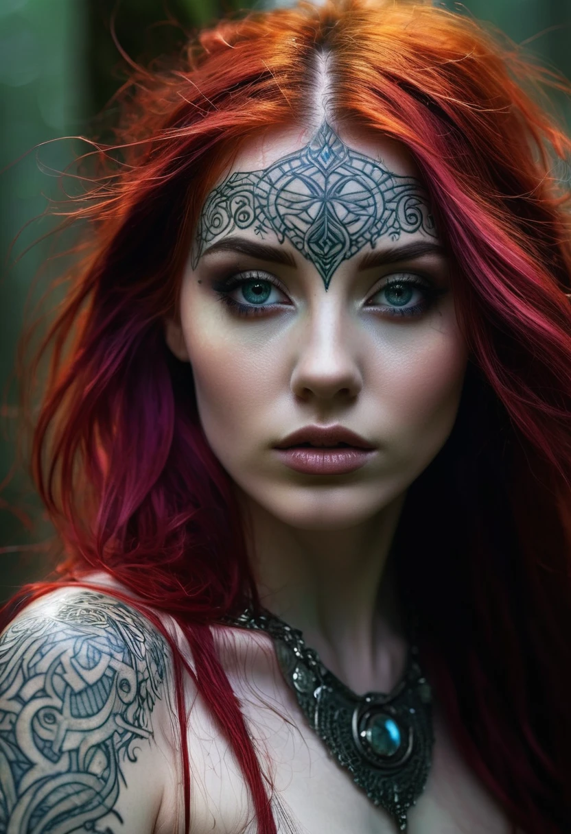 Eyes shimmering with ancient wisdom, adorned with intricate tattoos, emanating grace and power. Within a dystopian realm where grim shadows merge with ethereal beauty, her crimson hair flows like a river of magic. Amidst the mystical backdrop of enchanted forests and ruins, amidst the whispers of ancient runes and elven graffiti, she stands as a surreal figure, blending chiaroscuro contrasts with her otherworldly presence.