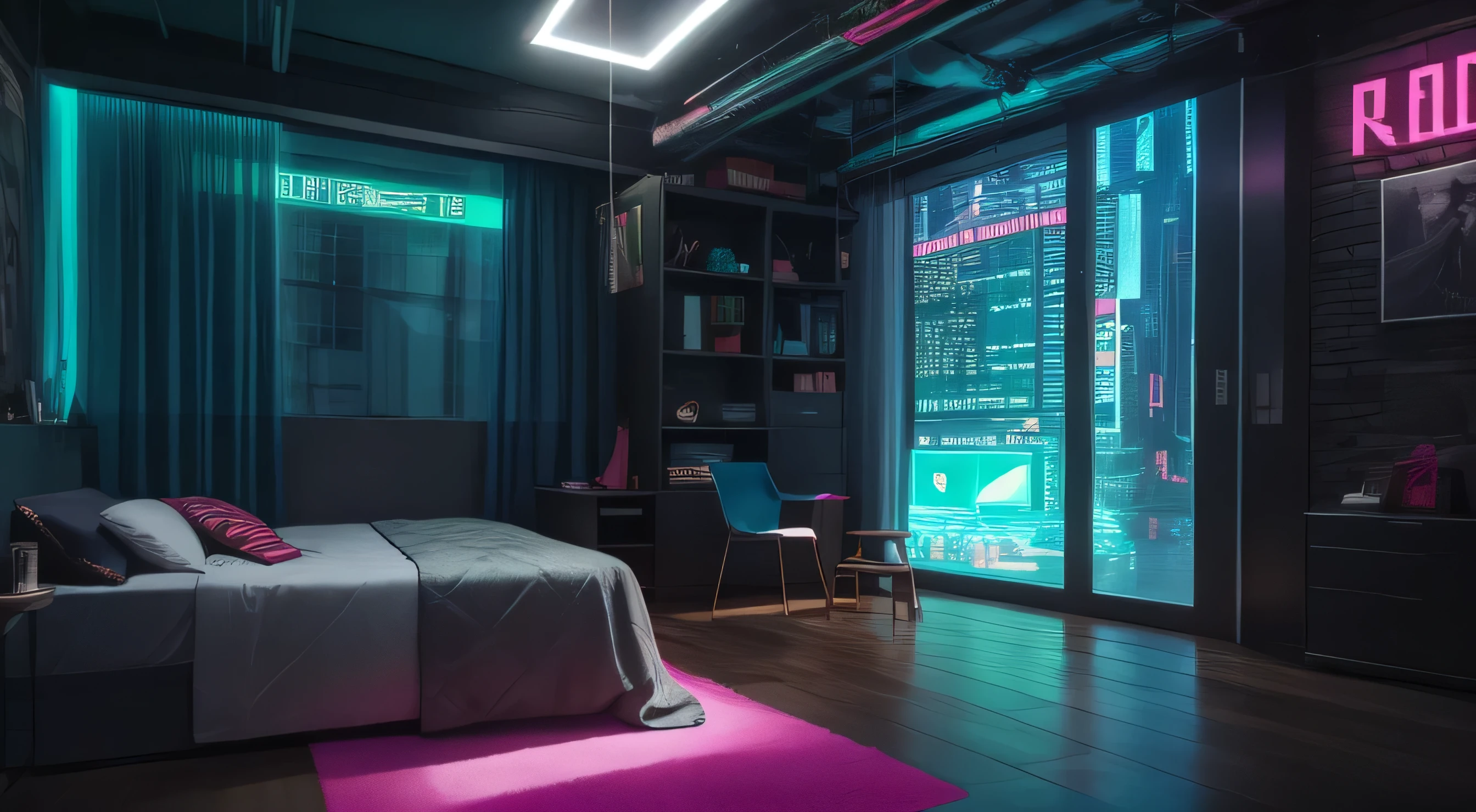 there is a bedroom with a bed and a chair in it, futuristic room, futuristic room background, cozy 9 0 s bedroom retrofuturism, futuristic decor, retro futuristic apartment, futuristic interior, cyberpunk teenager bedroom, galaxy themed room, futuristic decoration, cyberpunk childrens bedroom, cyberpunk apartment, futuristic ambiance, the cyberpunk apartment, in a cyberpunk themed room, futuristic looking living room