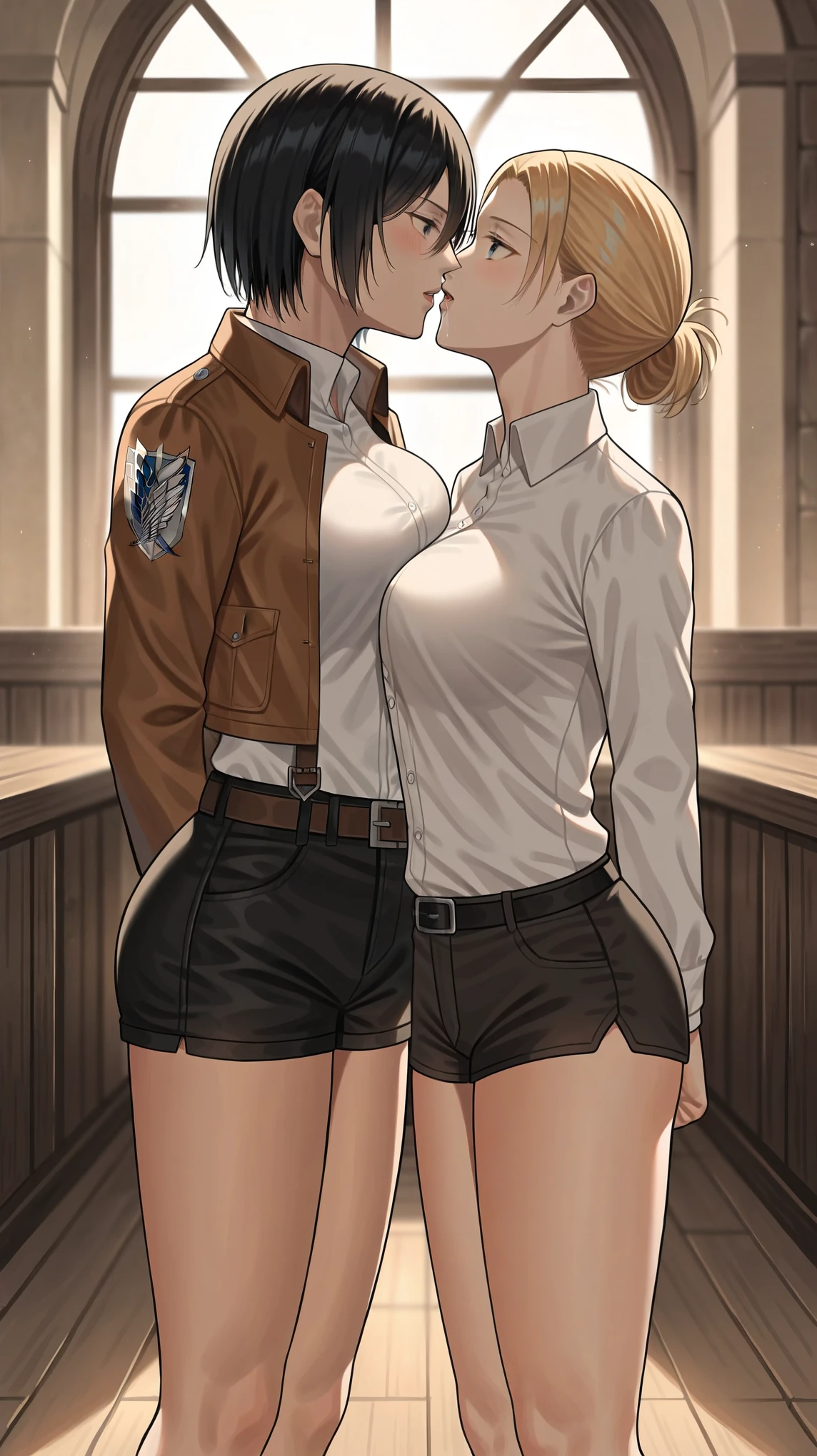 score_9, score_8_up, score_7_up, score_6_up, (by blade \(galaxist\):.6), (by null:.5), flat color, 2girls, yuri, attack on titan, mikasa, annie leonhart, annie and mikasa, depressed, bags under eyes, half-closed eyes, standing, pov, front view, girls kissing, pov, delinquent, flat shading, minimalism, blue eyes, medieval home, indoors, medieval interior, arms behind back, saliva, seductive expression, large breasts, kissing, girls kissing each other, kiss, ((kissing)), yuri, mikasa and annie embrace each other, mikasa and annie kissing each other, annie leonhart (short, small, short stature, blonde, wearing brown leather stocking, wearing brown leather jacket, shorts), mikasa (tall, black hair, muscular, big, tal stature),  medieval clothes, medieval, Annie is hort, mikasa is tall, size difference, tall and short, height difference 
