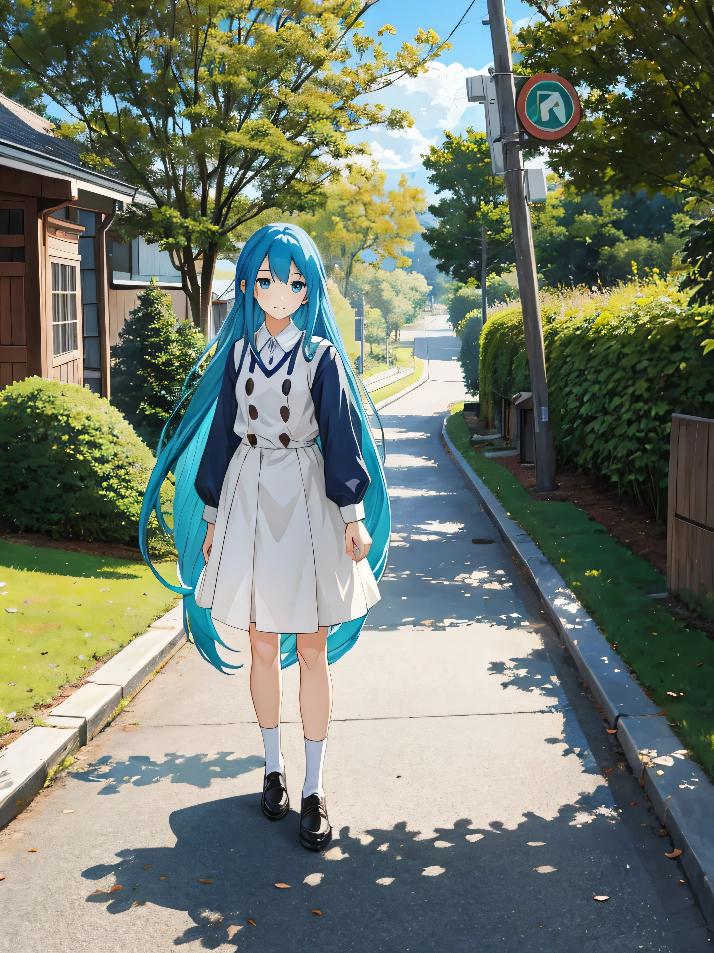 Un personaje de anime con pelo largo azul y ojos verdes paseando por la calle.. La obra de arte debe ser de la mejor calidad., con 4K, 8k resolution, alto nivel de detalle, y un toque de realismo. El estilo debe recordar al anime., con colores vibrantes y un toque fotorrealista. El tono general de la imagen debe tener un esquema de color azul.. Lighting should be natural., con la suave luz del sol proyectando suaves sombras sobre el personaje y el entorno.