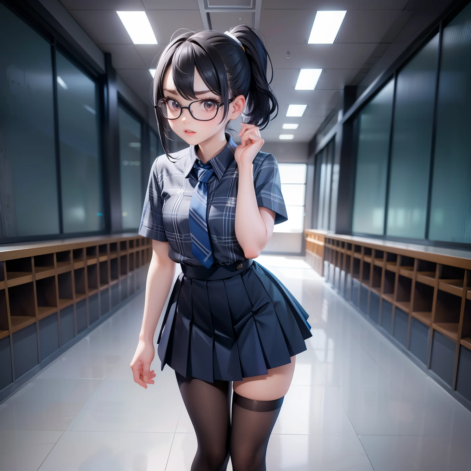 1 girl, solo,raw photo, frank, narrow eyes, full body,black pantyhose,textured skin, blue tie, short ponytail, bangs about eyebrows,(medium hair:1.2), pale skin, Japan person, glasses, small, young, tall, dark look, bright black eyes, anger, , school pleated skirt, blue and dark blue gray-silver checked skirt dark blue× blue check, Slender Body, Medium Build, Small Waist, Wide Thighs, Photorealistic, Top Quality, 8K, Masterpiece