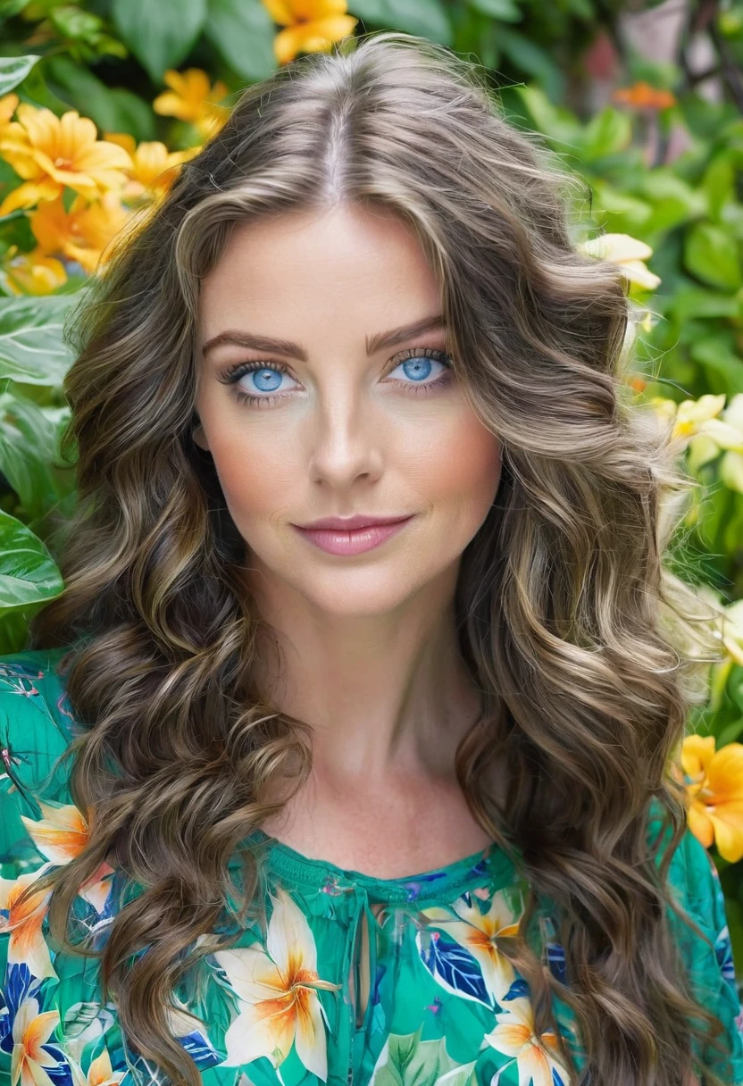 Caucasian female with blue eyes, long wavy brunette hair, wearing a green leafy top, surrounded by olorful flowers in the background