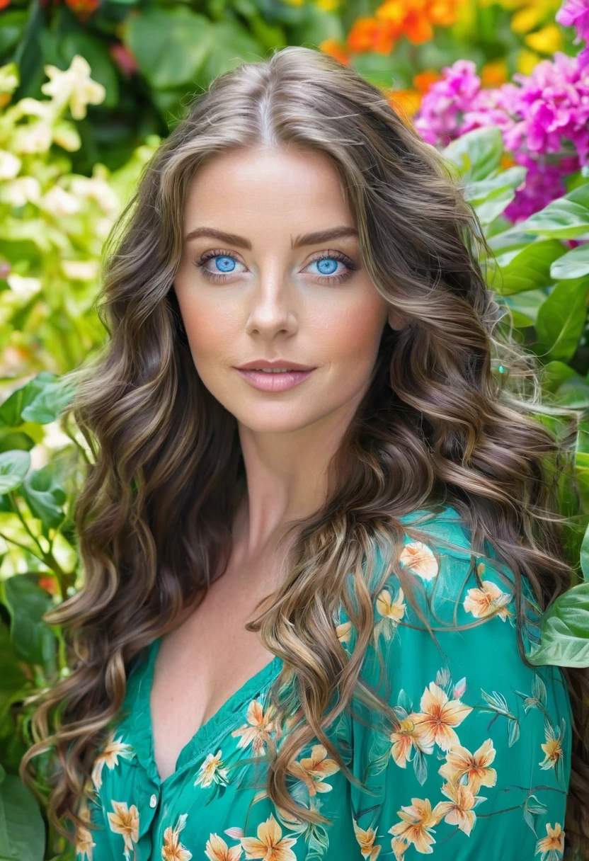 Caucasian female with blue eyes, long wavy brunette hair, wearing a green leafy top, surrounded by olorful flowers in the background