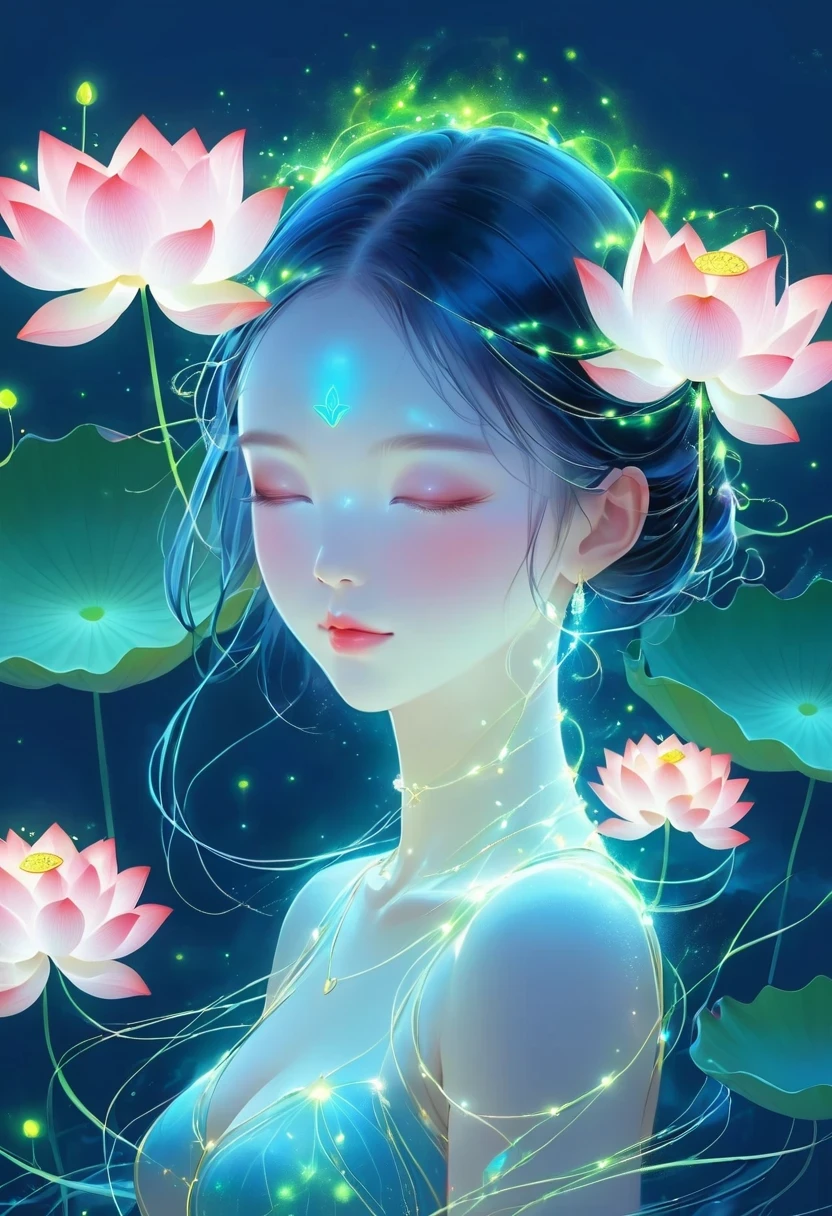 (masterpiece, best quality:1.2), digital art style, charming illustration,peace pictures，1 girl, Wearing a lotus flower on his head，alone，body glow，glowing line，fluorescence,Luminous example，Tracking example，flash，萤light particles，backlight，translucent，light particles，correct human anatomy，