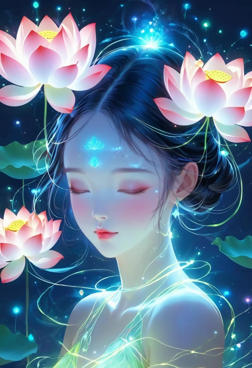 (masterpiece, best quality:1.2), digital art style, charming illustration,peace pictures,1 girl, Wearing a lotus flower on his head,alone,body glow,glowing line,fluorescence,Luminous example,Tracking example,flash,萤light particles,backlight,translucent,light particles,correct human anatomy,