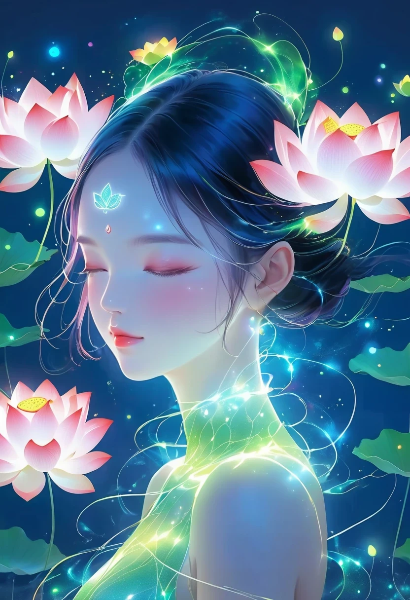 (masterpiece, best quality:1.2), digital art style, charming illustration,peace pictures,1 girl, Wearing a lotus flower on his head,alone,body glow,glowing line,fluorescence,Luminous example,Tracking example,flash,萤light particles,backlight,translucent,light particles,correct human anatomy,