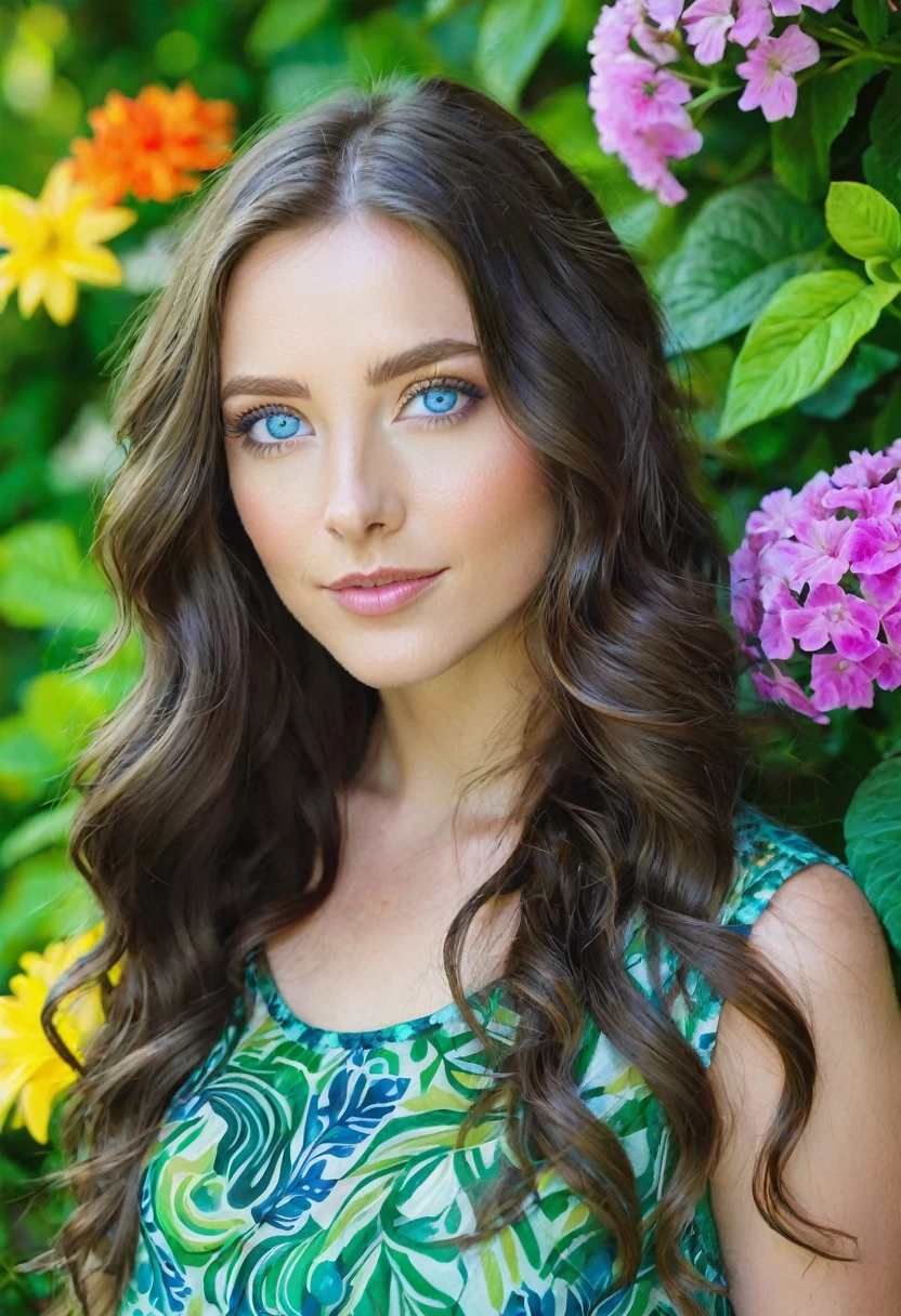 Caucasian female with blue eyes, long wavy brunette hair, wearing a green leafy top, surrounded by olorful flowers in the background