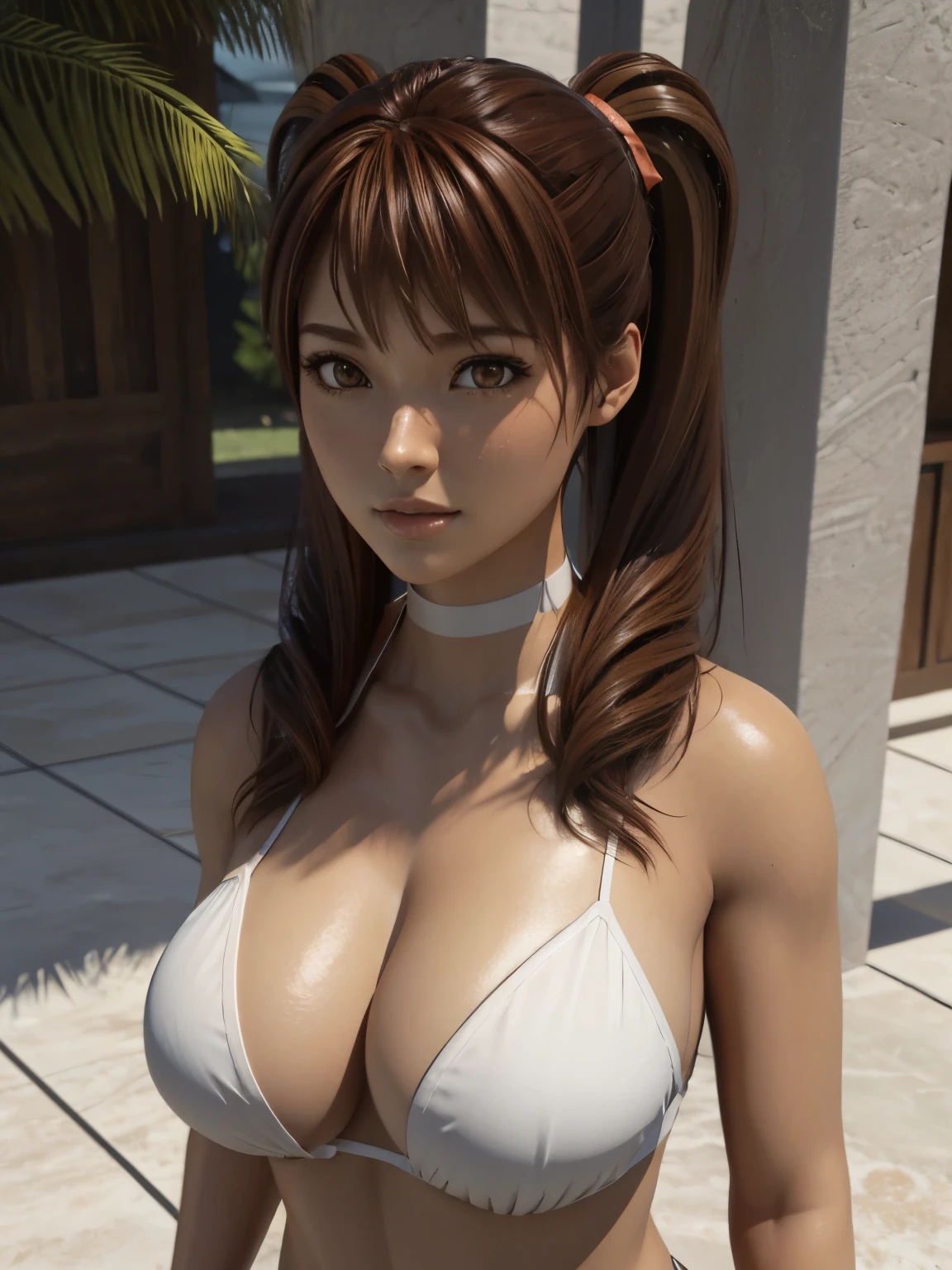 3d,1girl,auburn hair,bikini,brown eyes,large breasts,looking at viewer,medium hair,twintails,voluptuous